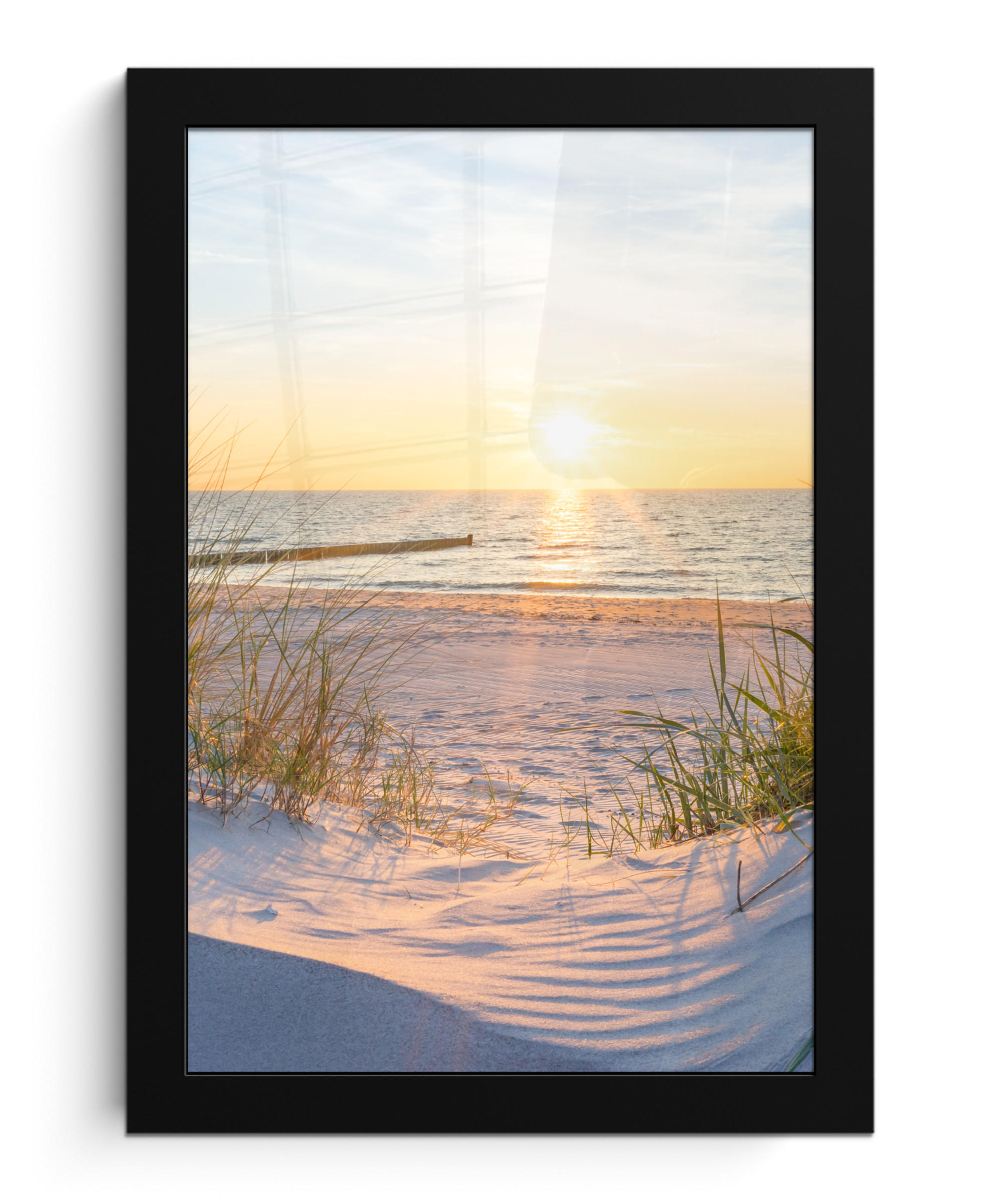 GERAHMTES BILD Strand - Sonne - Düne - Gras - Sand - Horizont 20x30 cm - Hellblau, Papier (20/30cm) - MuchoWow