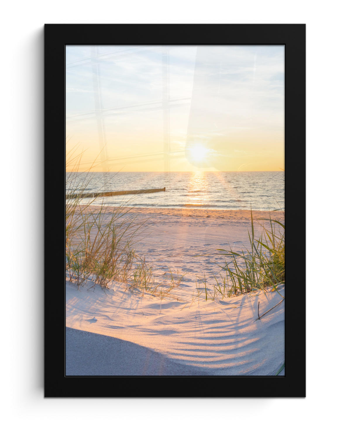 GERAHMTES BILD Strand - Sonne - Düne - Gras - Sand - Horizont 20x30 cm - Hellblau, Papier (20/30cm) - MuchoWow