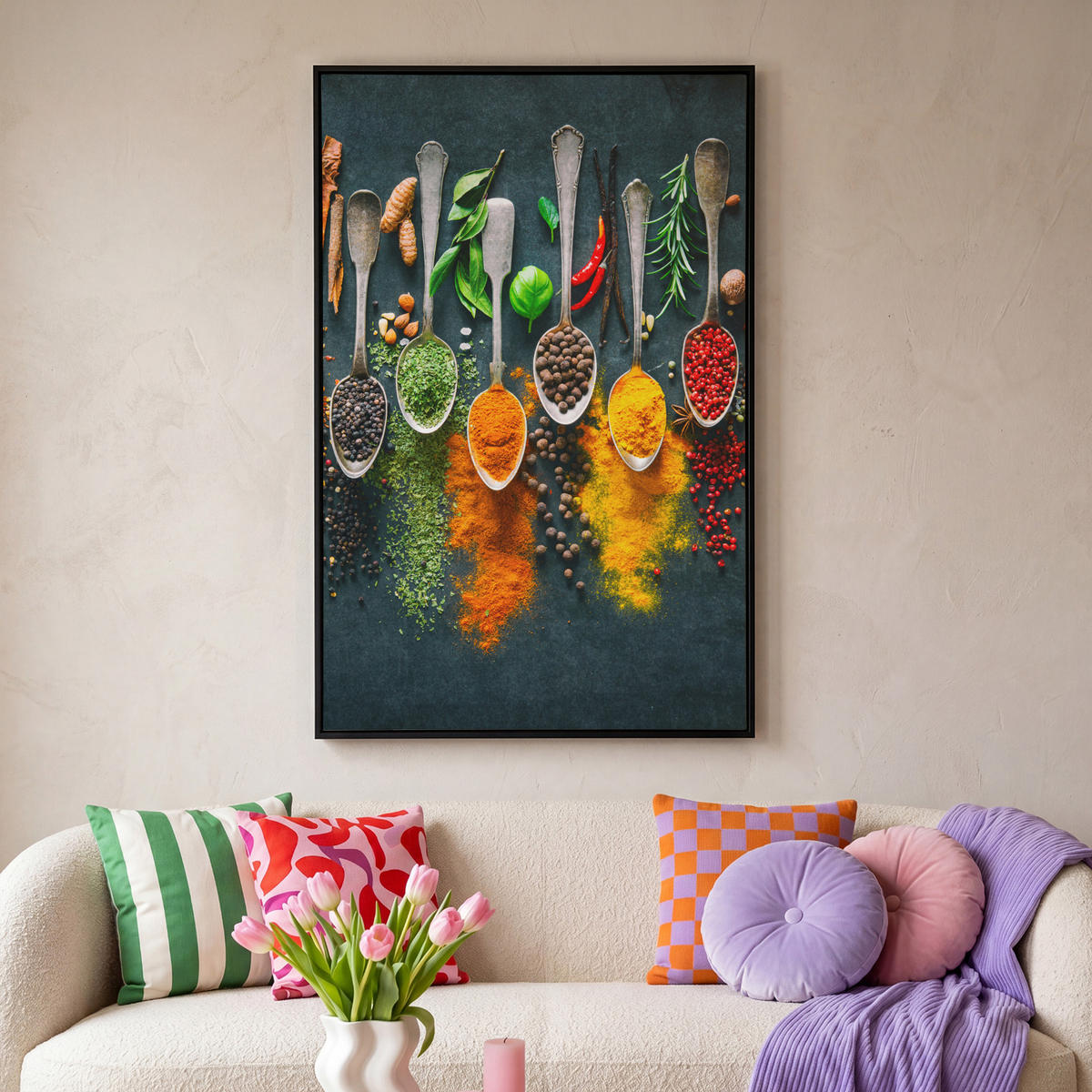 LEINWAND Bilder mit Rahmen - Kräuter - Gewürze - Löffel - 100x150 - Currygelb, Textil (100/150cm) - MuchoWow