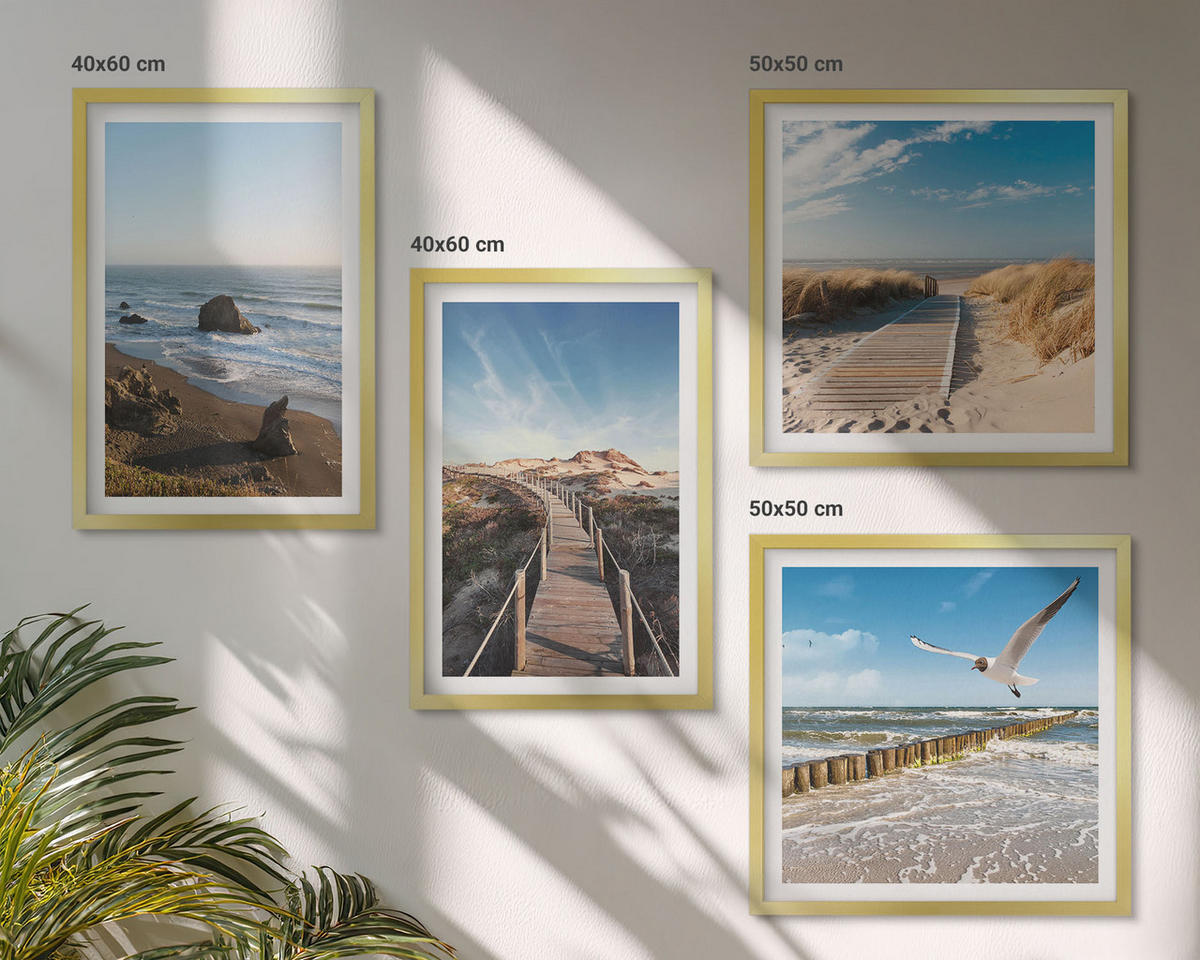 WANDBILDER 4er Set - 50x50 cm & 40x60 cm Goldrahmen - Strandwellen, Himmelsbrücke, Spaziergang - Goldfarben, Kunststoff (50/50cm) - ArtPrintCave