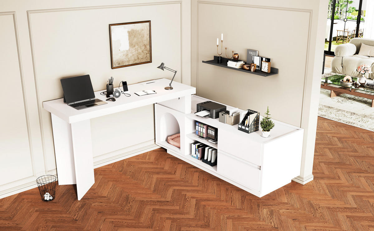 BÜROTISCH mit Stauraum und integriertem Haustierbereich – Weiß - Weiß, Holzwerkstoff/Metall (120/120/75cm) - Urban Meuble