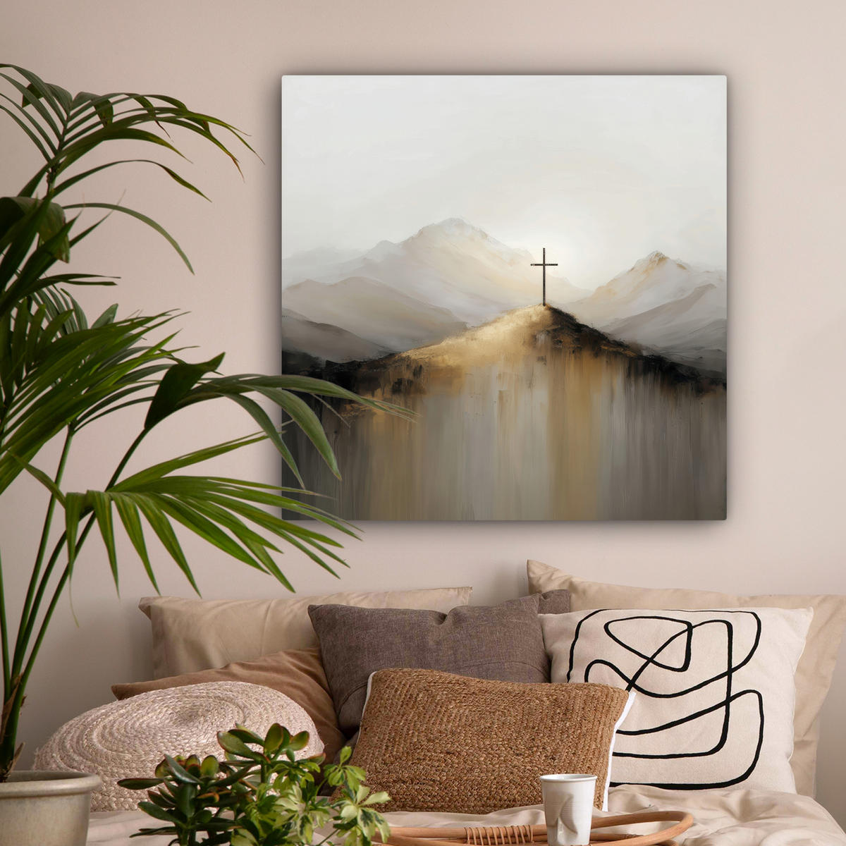 LEINWANDBILD Hügel - Abstrakt - Kreuz - Christentum Deko Groß 90x90 cm - Beige, Textil (90/90cm) - MuchoWow