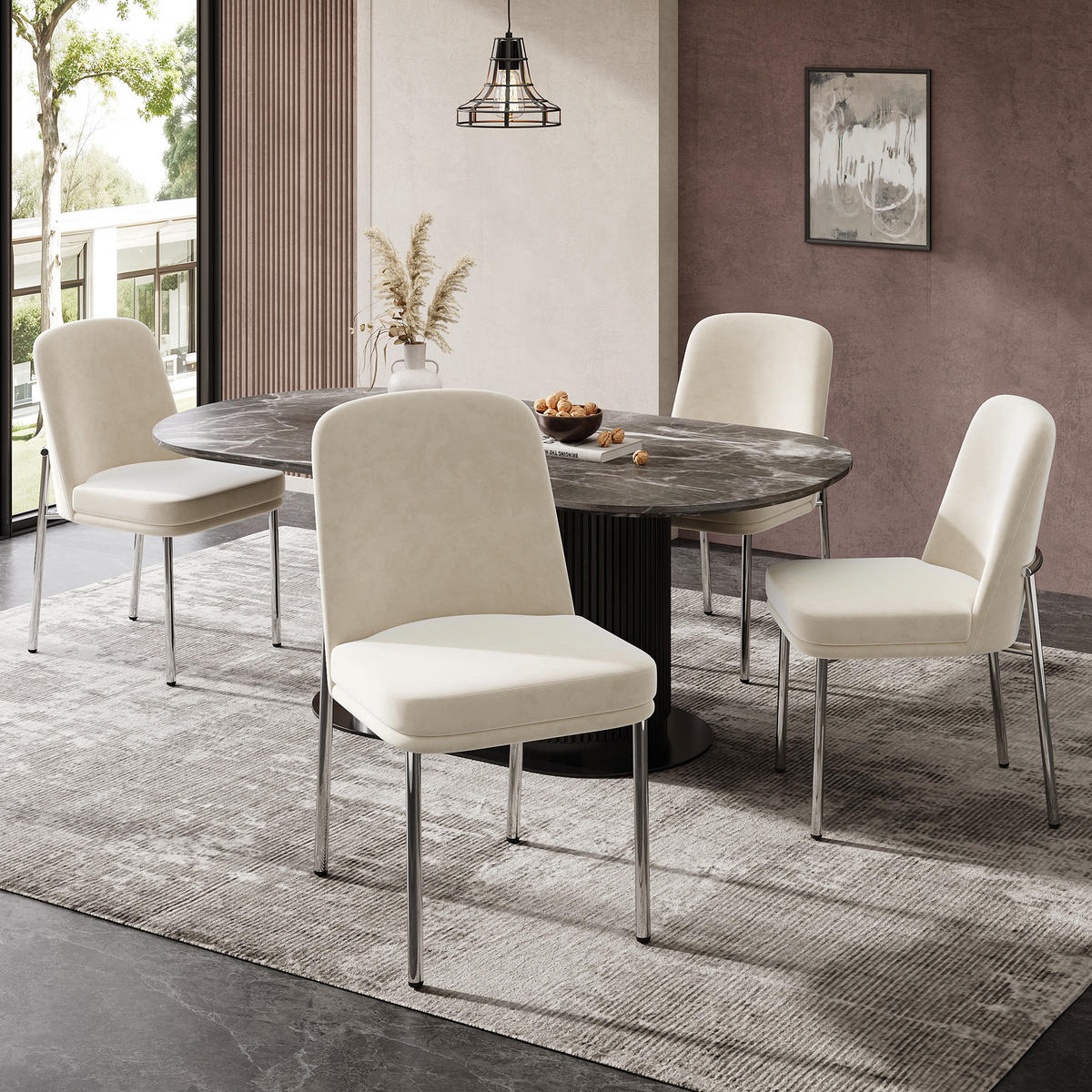 ESSZIMMERSTUHL 4er Set Samt Beige Metallbeine Silber Rahmen - Beige, Textil (53/82/42.5cm) - FLIEKS