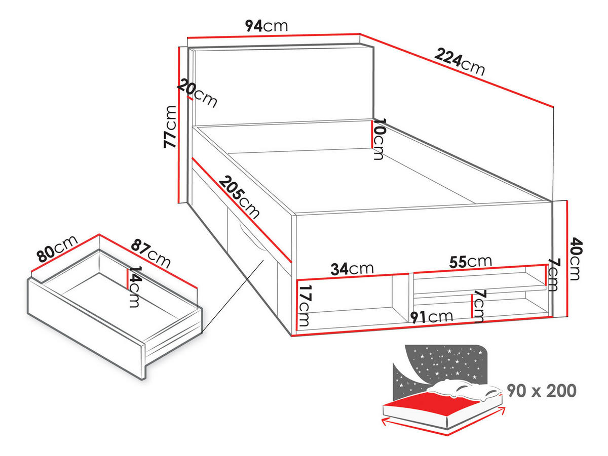 JUGENDBETT Planet 14 L / P - Eichefarben/Schwarz, Holzwerkstoff (90/200cm)