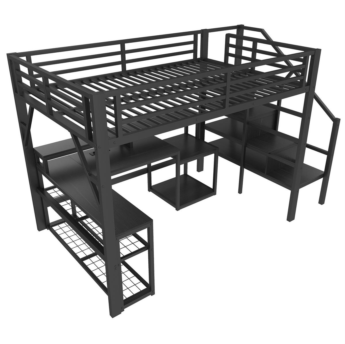 HOCHBETT 140/200 cm aus Metall und MDF mit Schreibtisch, LED-Beleuchtung und Stauraumtreppe Schwarz - Schwarz, Metall (140/200cm) - Modenvie