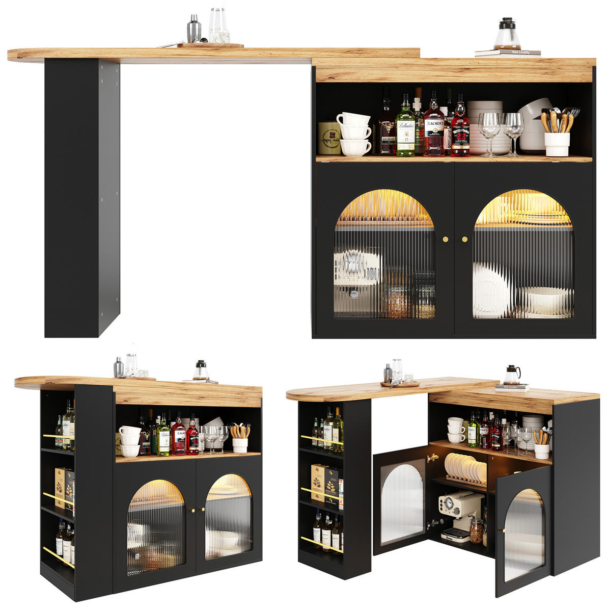 BARSKI stol 138-193/39/105 cm crni od MDF-a s LED rasvjetom i rotacijom 360° - crna, drvni materijal (39/193/105cm) - OKWISH