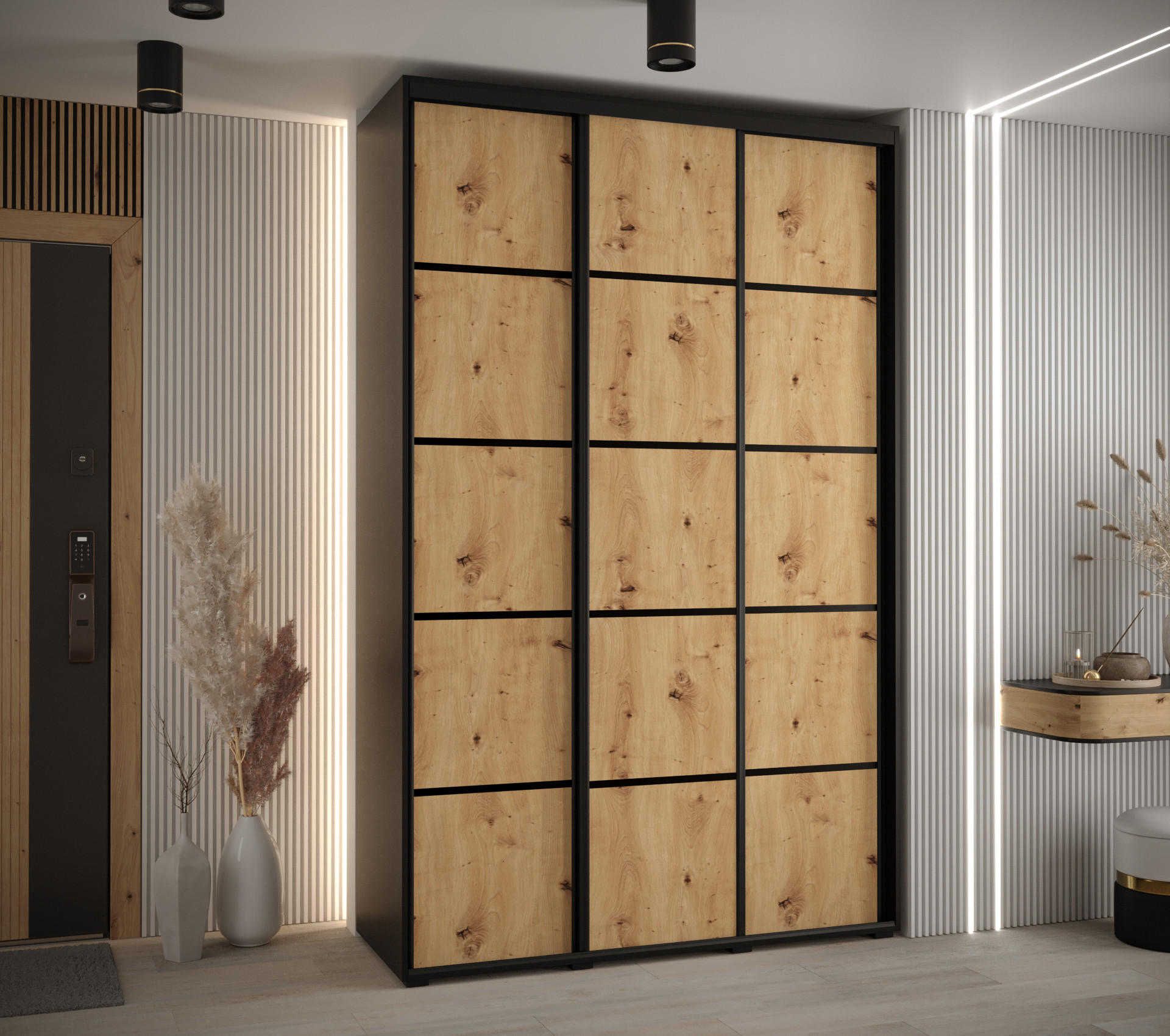SCHWEBETÜRENSCHRANK 235,2/160/45 3-türig - Schwarz/Eiche Artisan, Holz/Metall (160/235/45cm) - Abiks Möbel