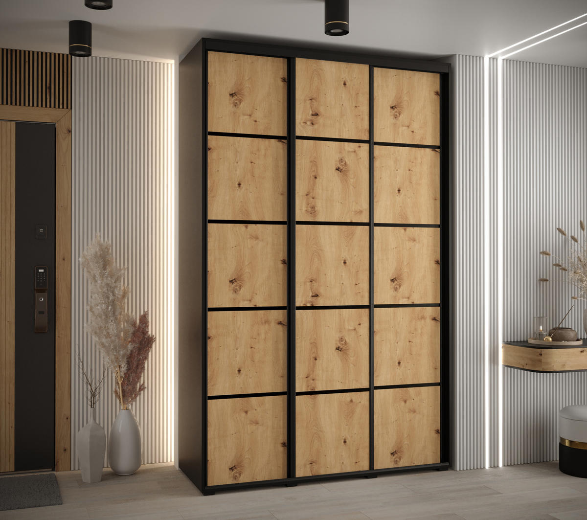 SCHWEBETÜRENSCHRANK 235,2/160/45 3-türig - Schwarz/Eiche Artisan, Holz/Metall (160/235/45cm) - Abiks Möbel