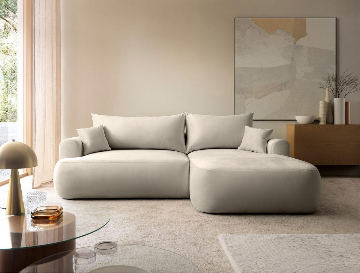 ECKSOFA Ovo Hellbeige mit wasserabweisendem Samtbezug - Ecru/Schwarz, Kunststoff/Textil (260/165cm) - Selsey