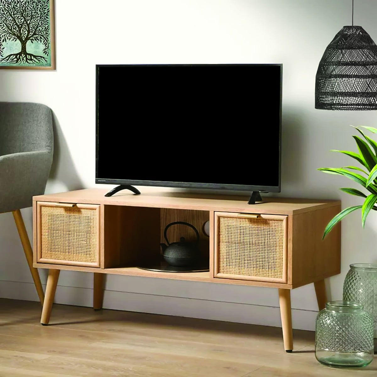 TV-MÖBEL mit 2 Schubladen Vorderseite aus Rattan - L100 cm - Eschefarben, Holzwerkstoff (42/45/100cm) - Calicosy