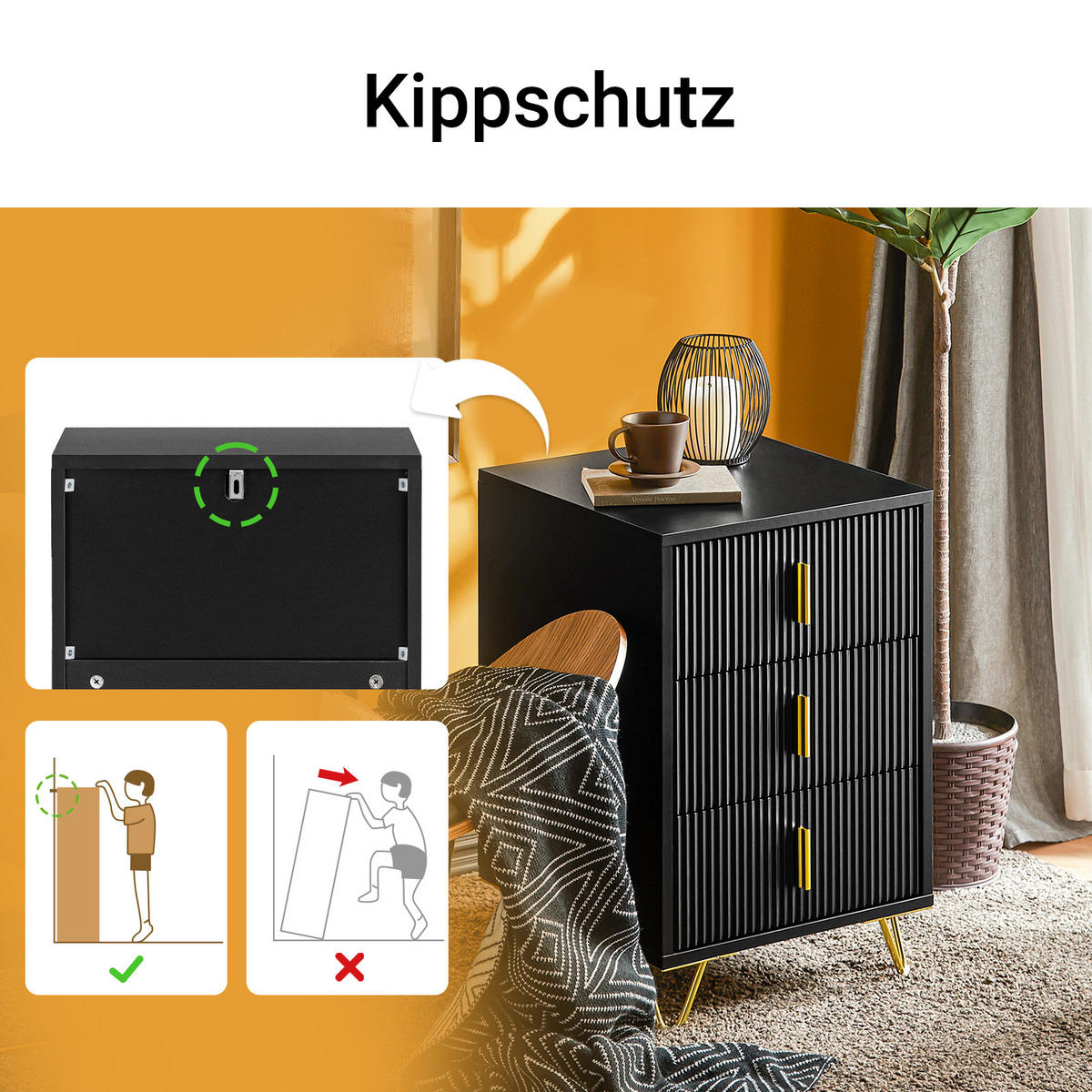 NACHTTISCH mit 3 Schubladen, Schwarz, 40x63x40cm - Schwarz, Holzwerkstoff/Metall (40/63/40cm) - SoBuy