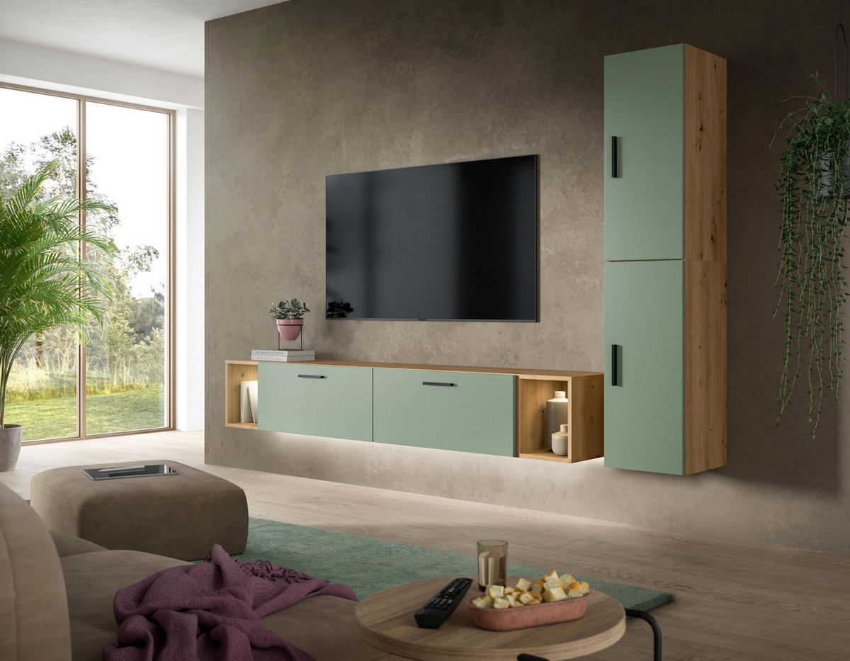 WOHNWAND INKL BELEUCHTUNG The One Smoke Green 259/34/182 cm - Braun, Holzwerkstoff (259/182/34cm) - Xonox