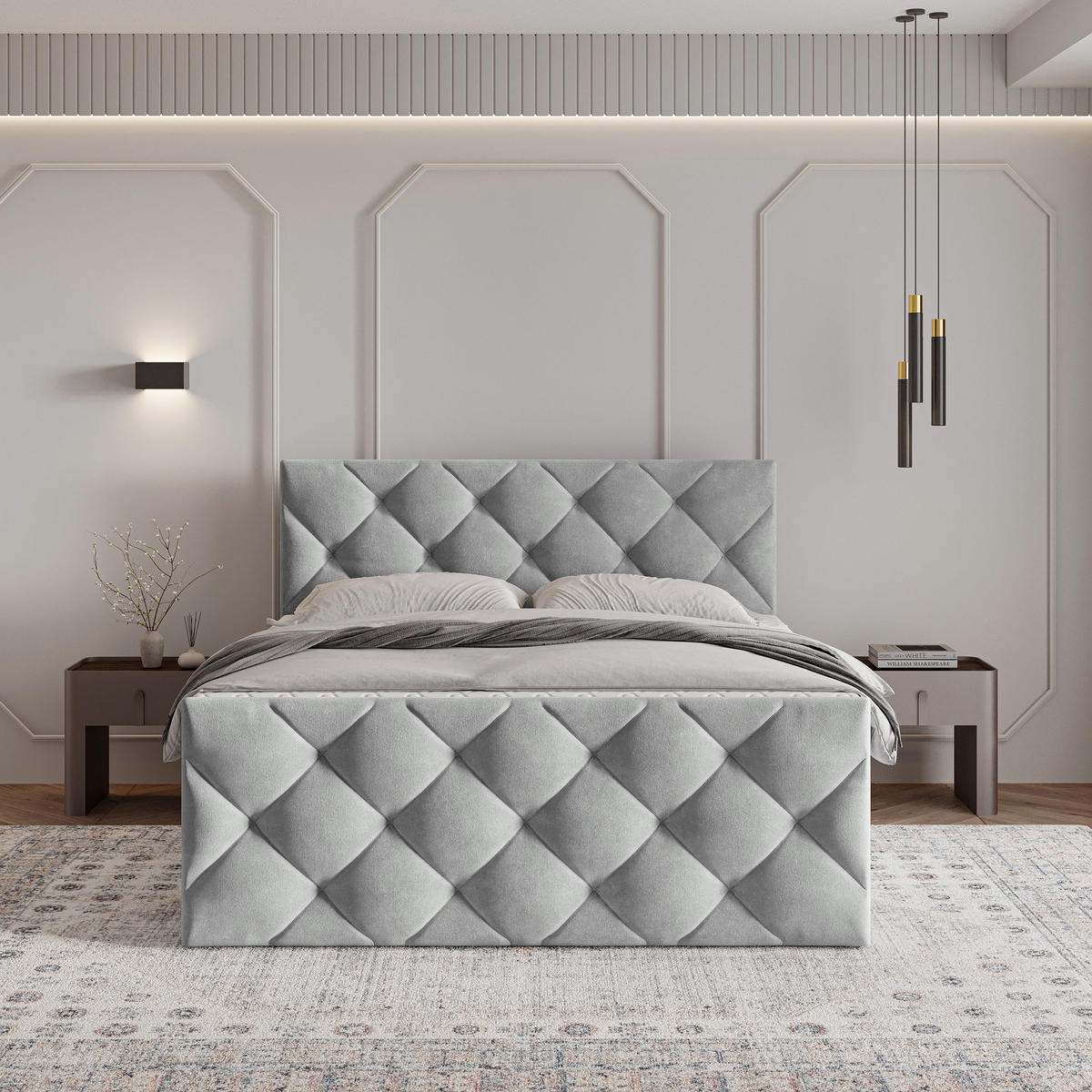 BOXBETT ROVARI 140x200 cm mit Matratze und Topper - Hellgrau - Hellgrau, Holz (140/200cm) - MASSENO