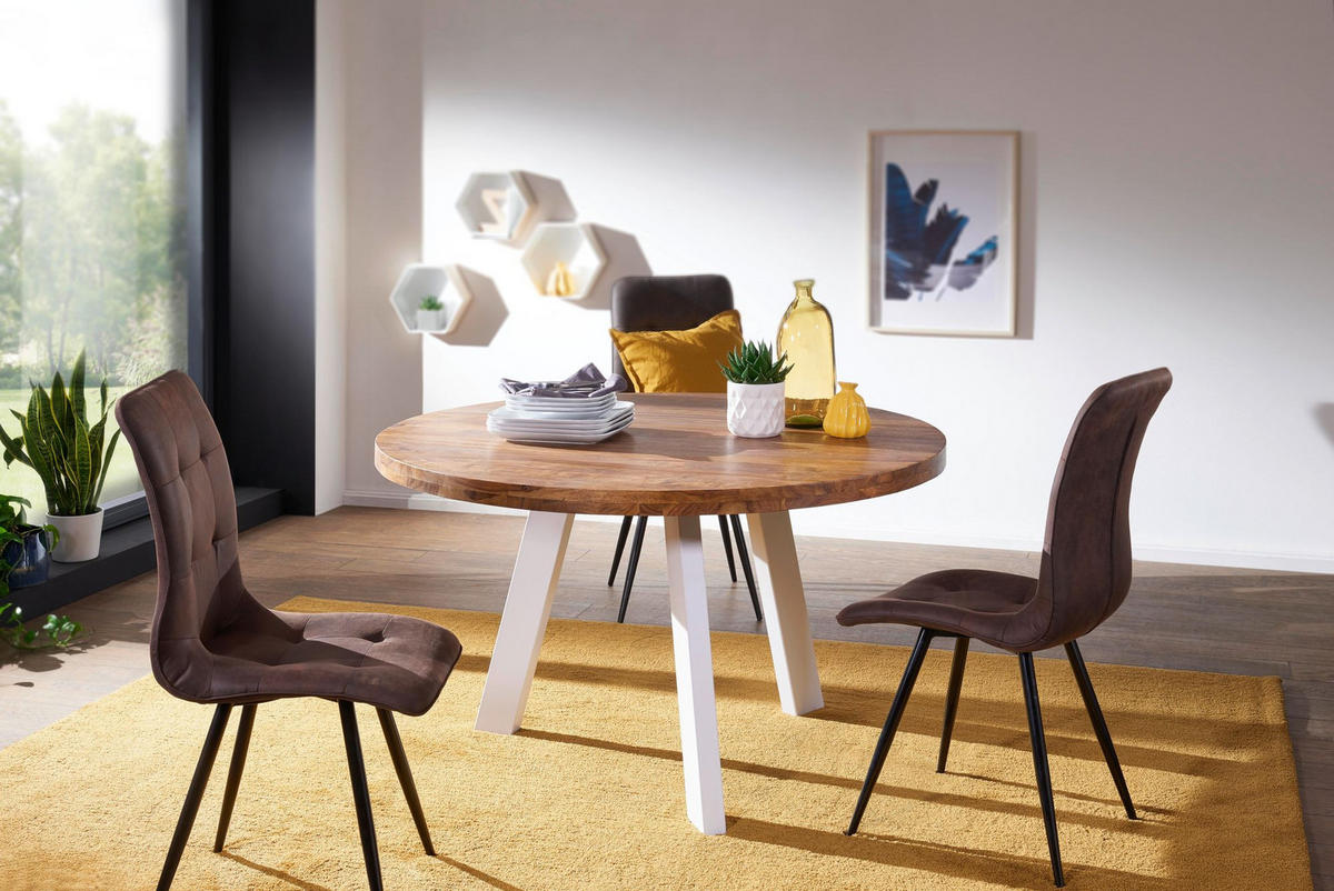 ESSZIMMERTISCH – Rund Massivholz Braun 130 cm weiße Beine - Braun/Weiß, Holz/Metall (130/130/77cm) - KADIMA DESIGN