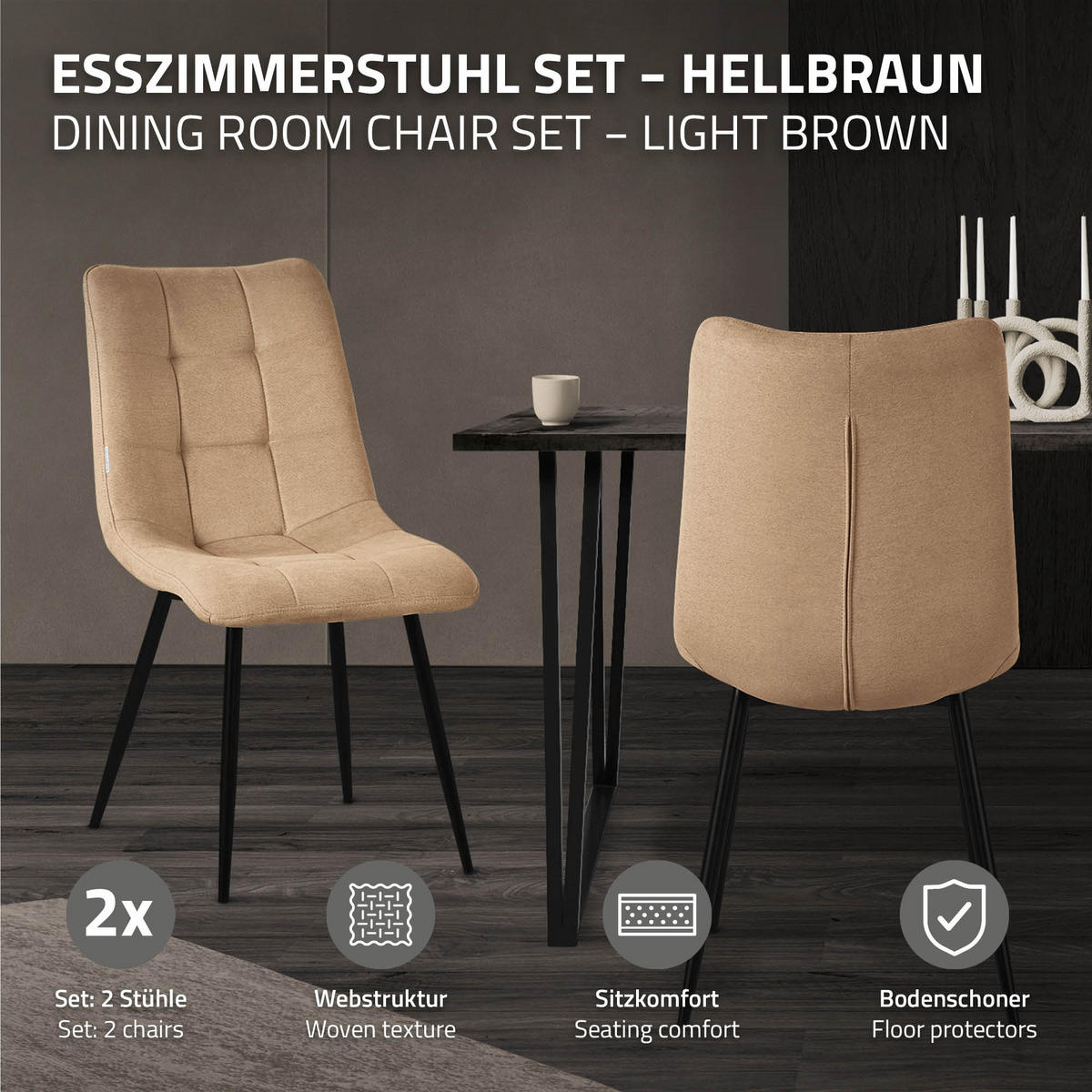 ESSZIMMERSTÜHLE 2ER-SET Hellbraun Stoffbezug - Hellbraun/Schwarz, Textil/Metall (49/89/60.5cm) - ML-DESIGN