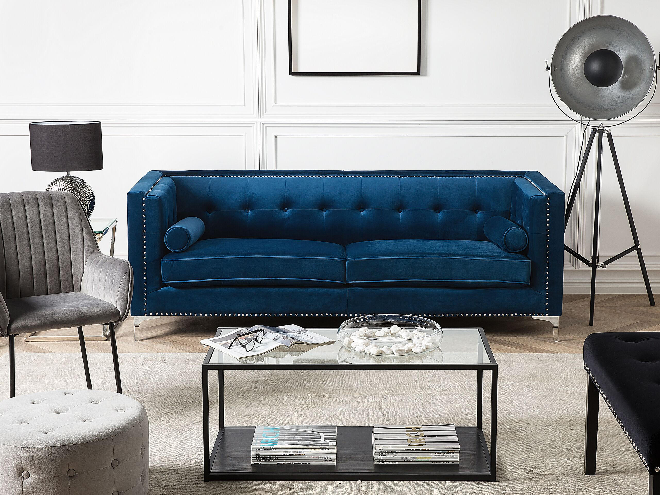 3-SITZER-SOFA Samtstoff Marineblau Avaldsenes - Hellblau, Textil (211/74/82cm) - Beliani