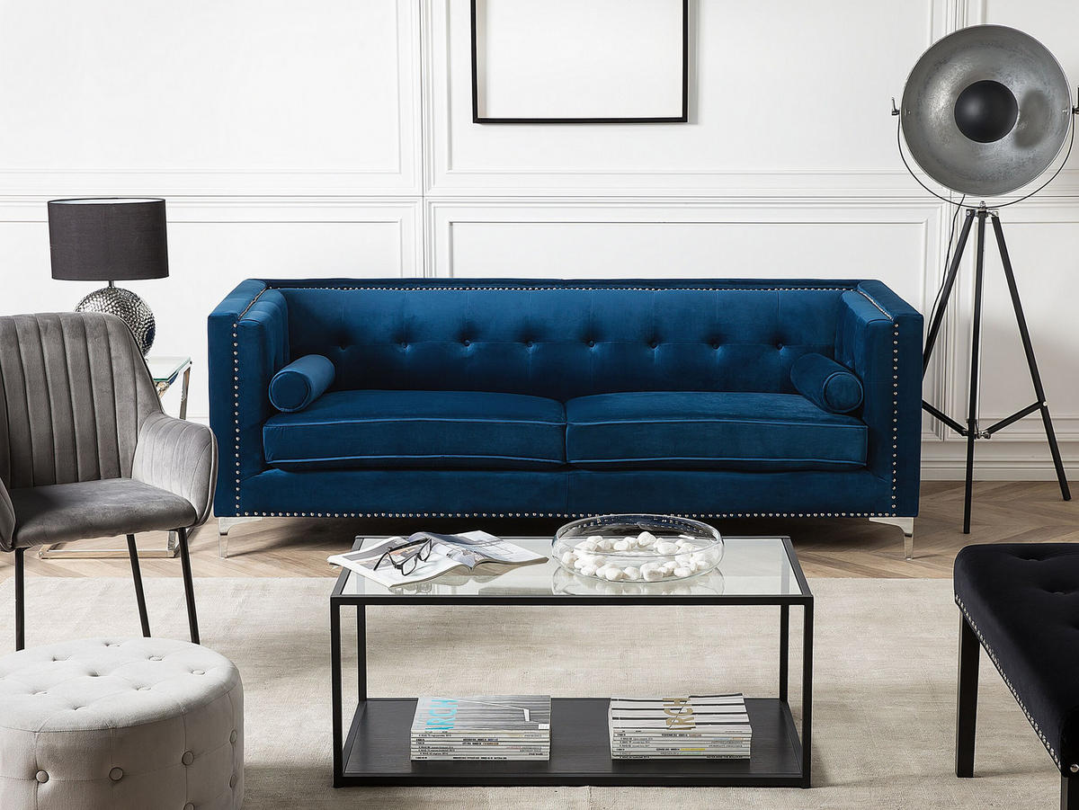 3-SITZER-SOFA Samtstoff Marineblau Avaldsenes - Hellblau, Textil (211/74/82cm) - Beliani