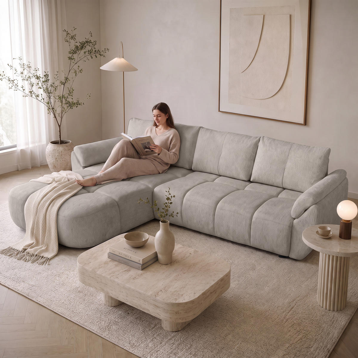 ECKSOFA Massimo, universelle Eckschlafsofa 280 cm mit Schlaffunktion und Bettkasten, Beige - Beige, Textil (283/204cm) - Beautysofa