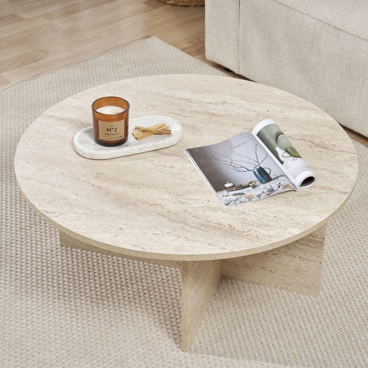 COUCHTISCH mit abgerundeter Platte - soleil 90/90/40 cm - Beige, Holzwerkstoff (90/90/40cm) - Calicosy