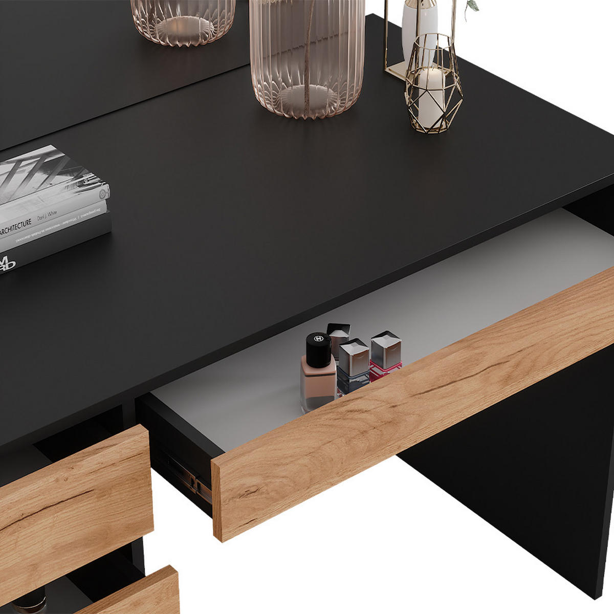 SCHMINKTISCH Sherry Anthrazit/Goldkraft Eiche 120 x 75 cm mit Spiegel - Anthrazit/Eiche Wotan, Holzwerkstoff (120/75/55cm) - Vicco