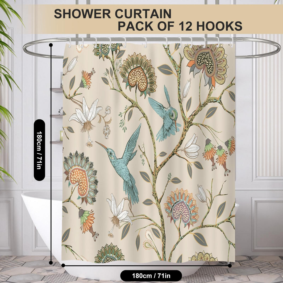 DUSCHVORHANG Weiß floral Blumen und Vögel Muster Polyester wasserdicht schimmelresistent mit Haken - Multicolor, Textil (180/180cm) - MCBOSON