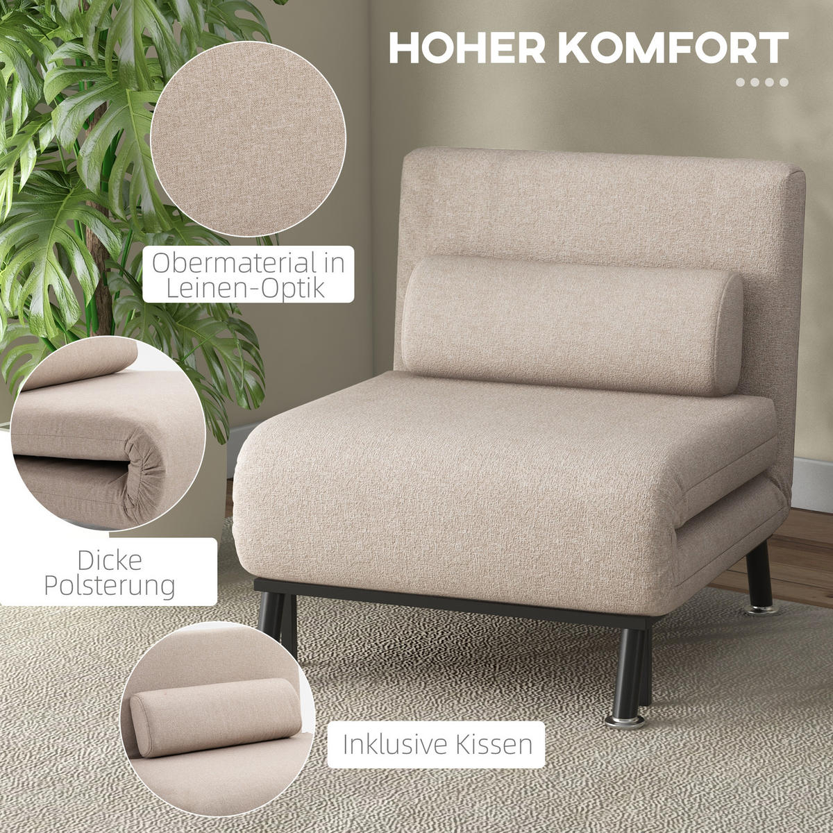 SCHLAFSESSEL mit Bettfunktion, Beige - Beige, Textil (75/75/70cm) - HOMCOM