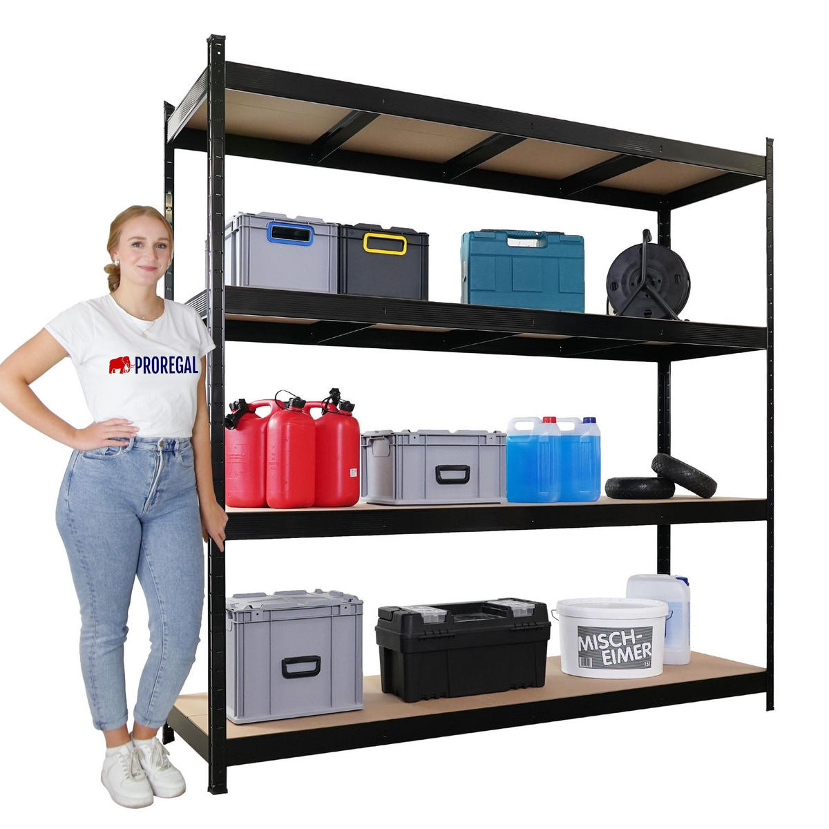 SCHWERLASTREGAL Hercules 200x200x60cm 4 MDF-Platten-Ebenen 6,8mm Fachlast 500kg Schwarz - Schwarz, Metall (200/200/60cm) - PROREGAL