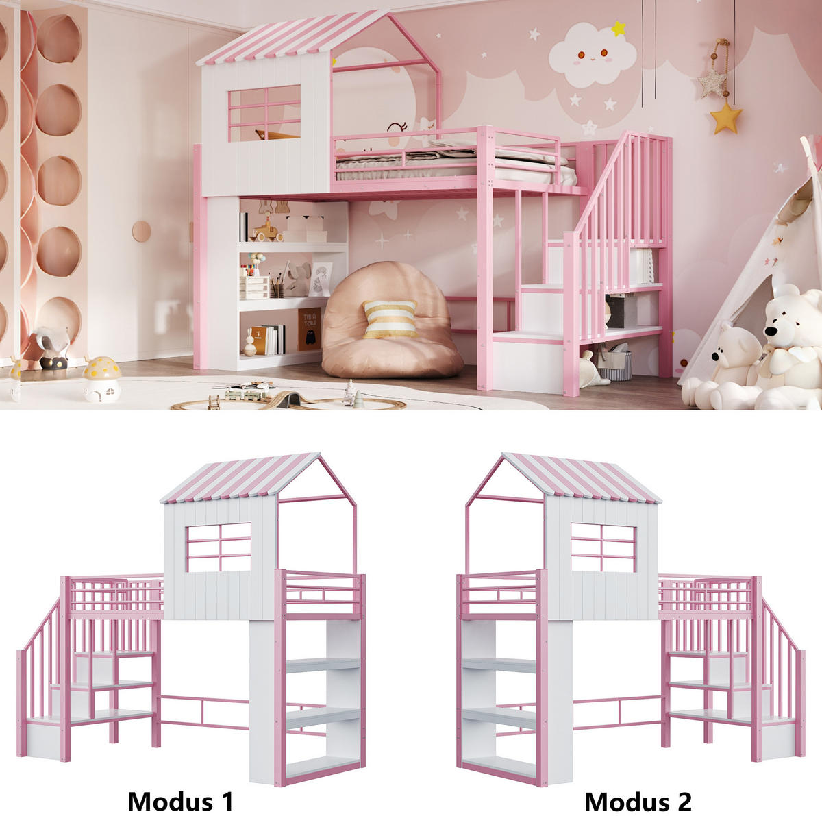 HOCHBETT aus MDF und Metall 90x200 cm Rosa mit Stauraumtreppe, Regal und viel Platz unter dem Bett - Pink, Holzwerkstoff (90/200cm) - Modfu