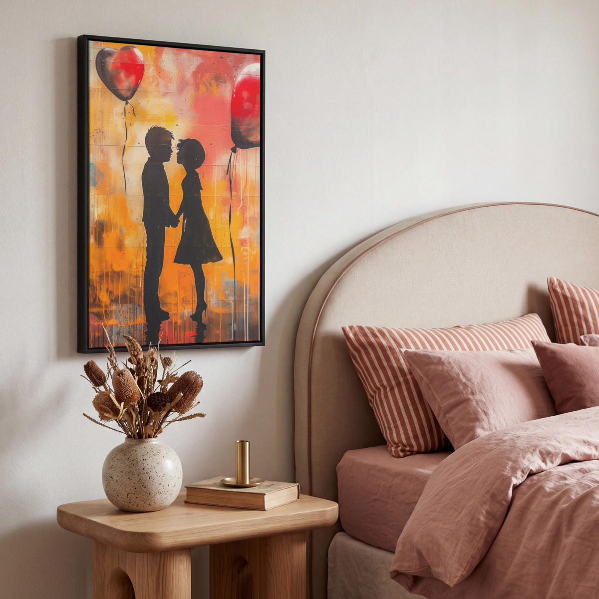 LEINWAND Bilder mit Rahmen - Straßenkunst - Liebe - Graffiti - Kunst - Banksy - 40x60 - Orange, Textil (40/60cm) - MuchoWow