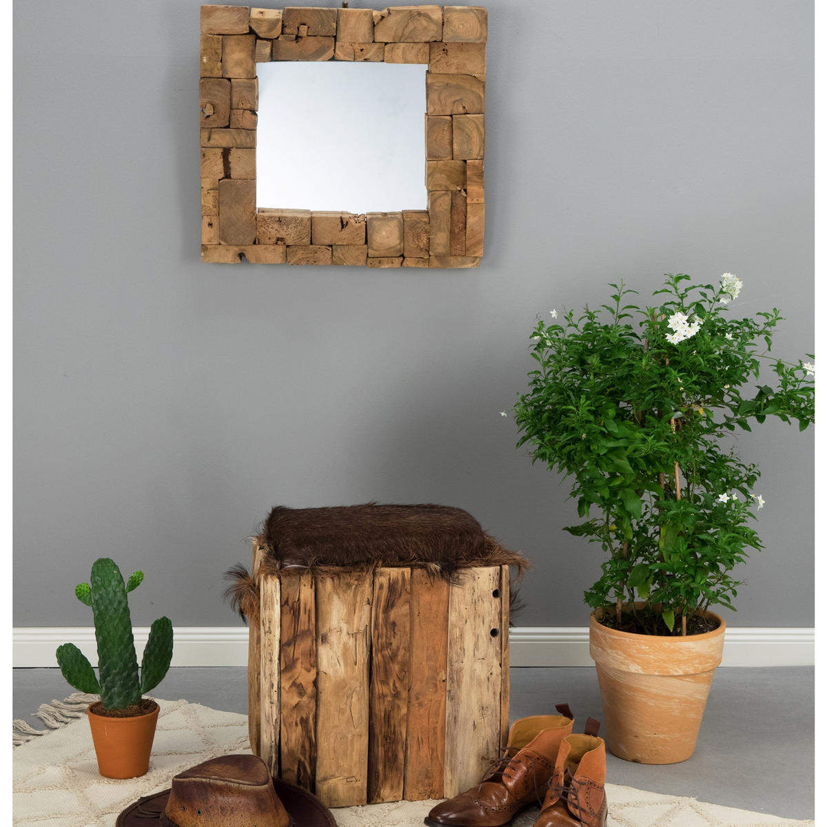 WANDSPIEGEL Mosaik 50x50cm Massivholz naturfarben - Braun, Holz (50/50/5cm) - CREEDWOOD