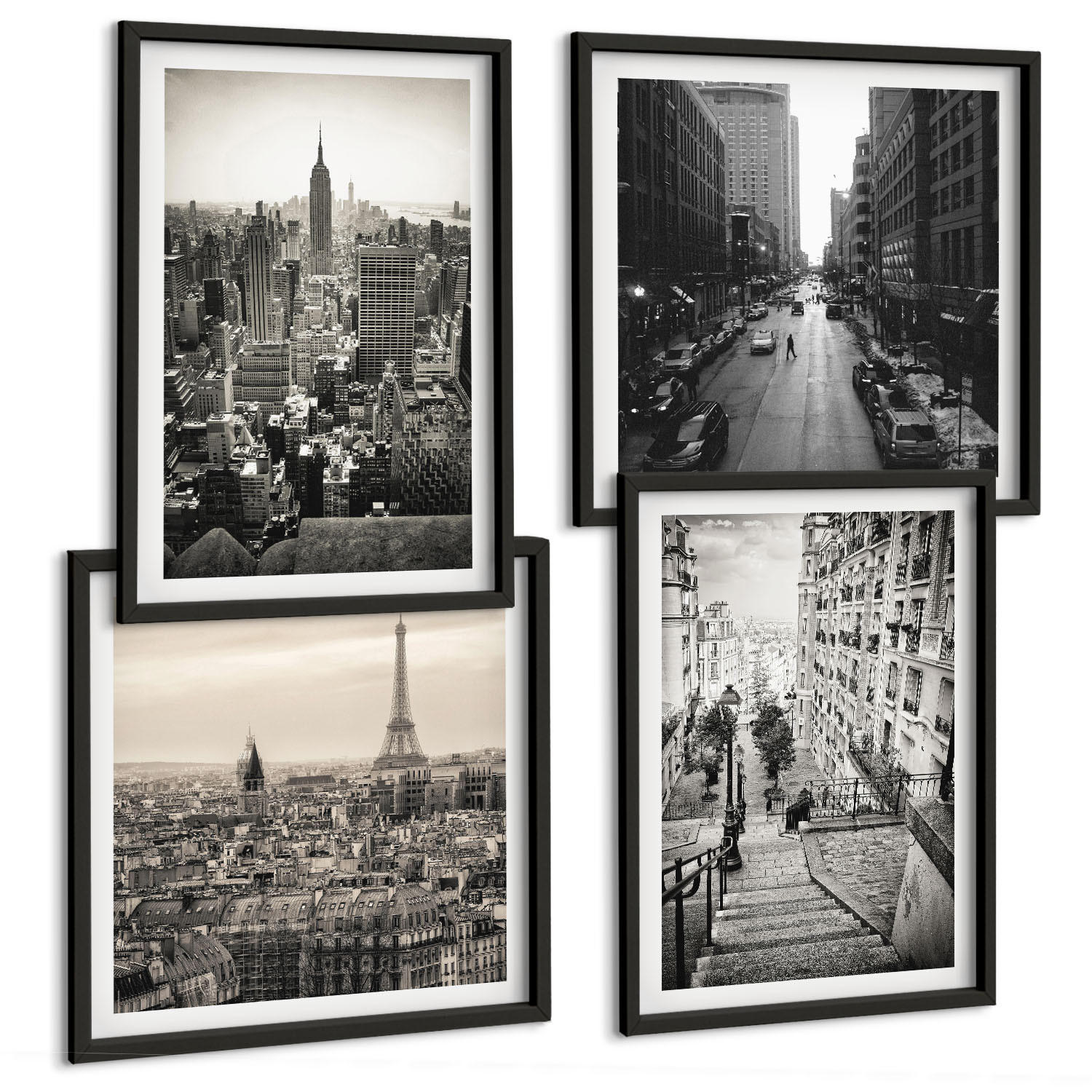 BILDER SET 4er Set - 50x50 cm & 40x60 cm Schwarzer Rahmen - Aussicht Paris New York Treppen - Schwarz, Kunststoff (50/50cm) - TULUP
