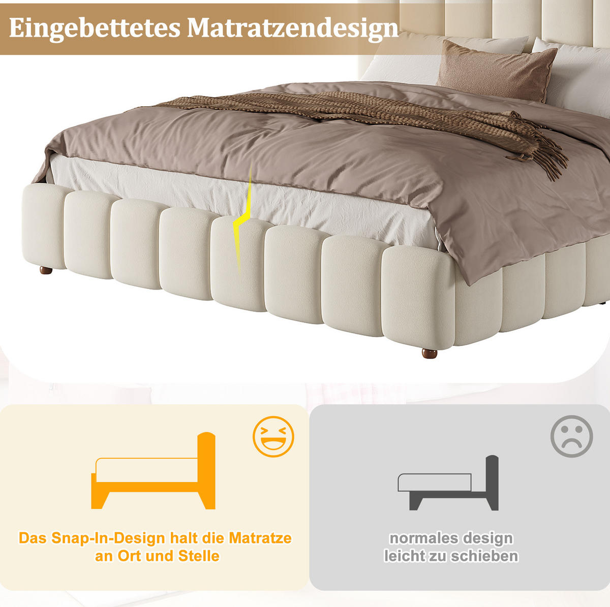 POLSTERBETT aus Samt 160x200 cm Beige mit Lattenrost, Bettkasten und gepolstertem Kopfteil - Beige, Textil (160/200cm) - Modfu