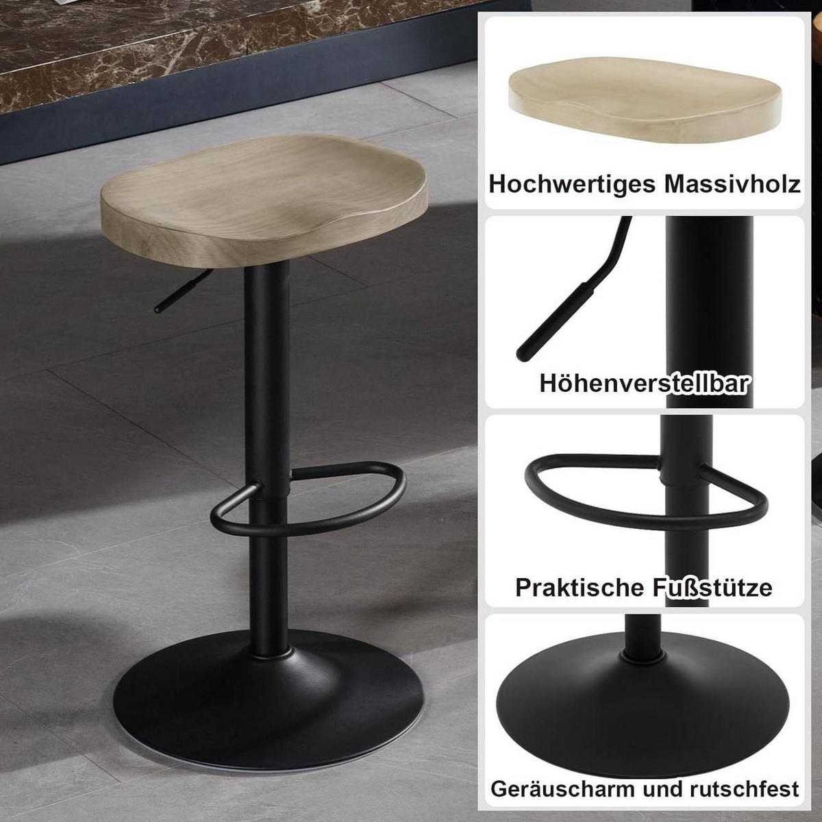 BARHOCKER 4er Set mit Sattelsitz, aus Massivholz, Helle Holzoptik - Ahornfarben/Schwarz, Holz/Metall (41.5/60/31.5cm) - Woltu