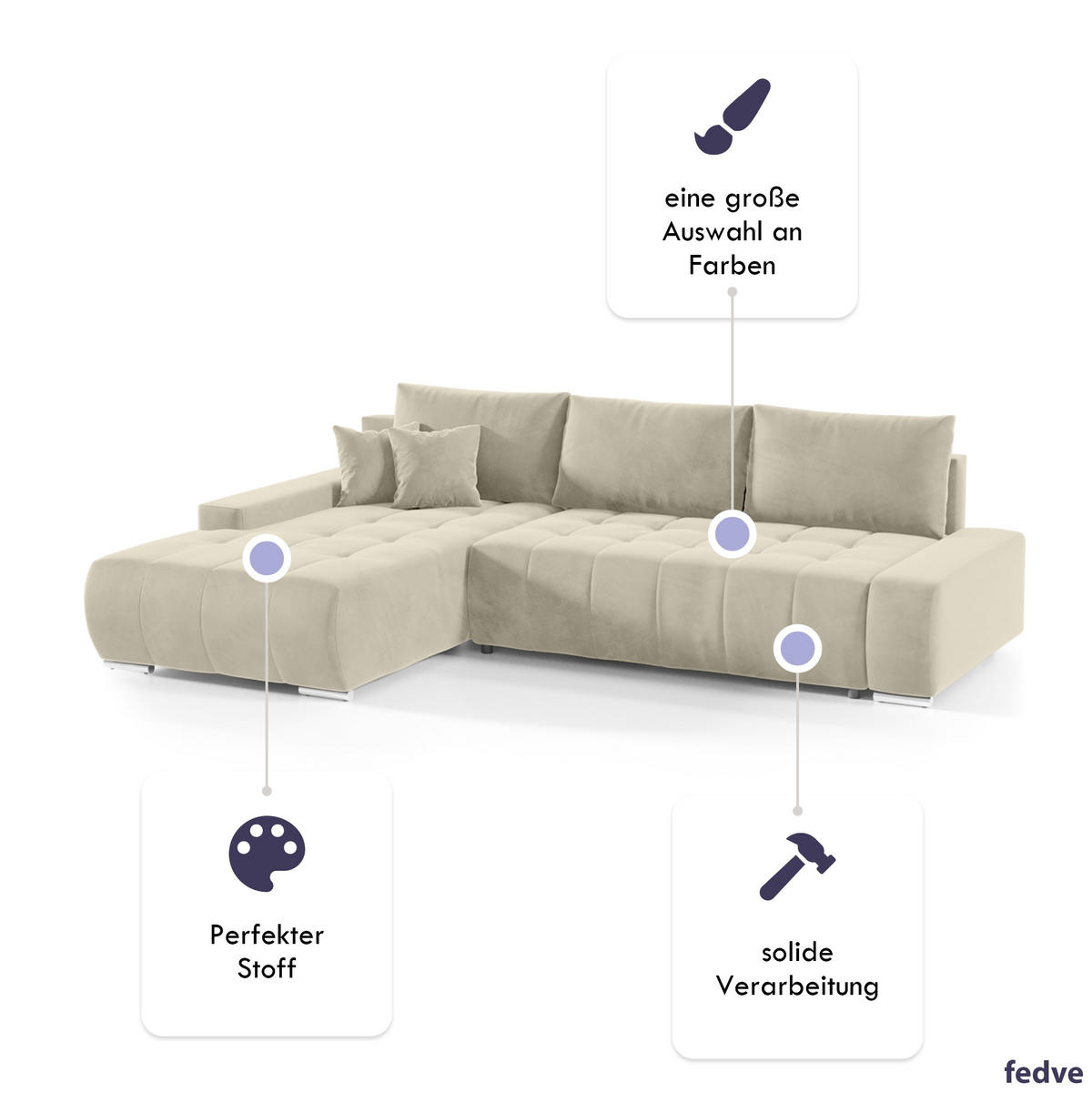 ECKSOFA mit Schlaffunktion Dhaka L, Vanille - Beige, Textil (185/265cm) - Fedve
