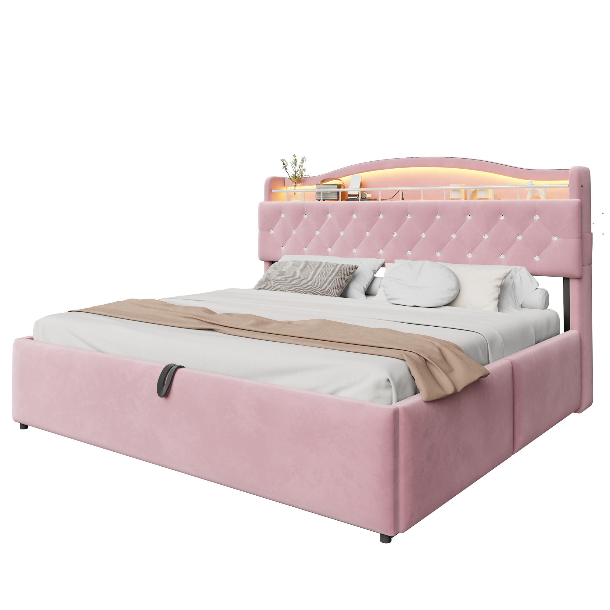 POLSTERBETT 180x200cm Samt LED USB Hydraulik Stauraum Rosa - Pink, Metall (180/200cm) - FLIEKS