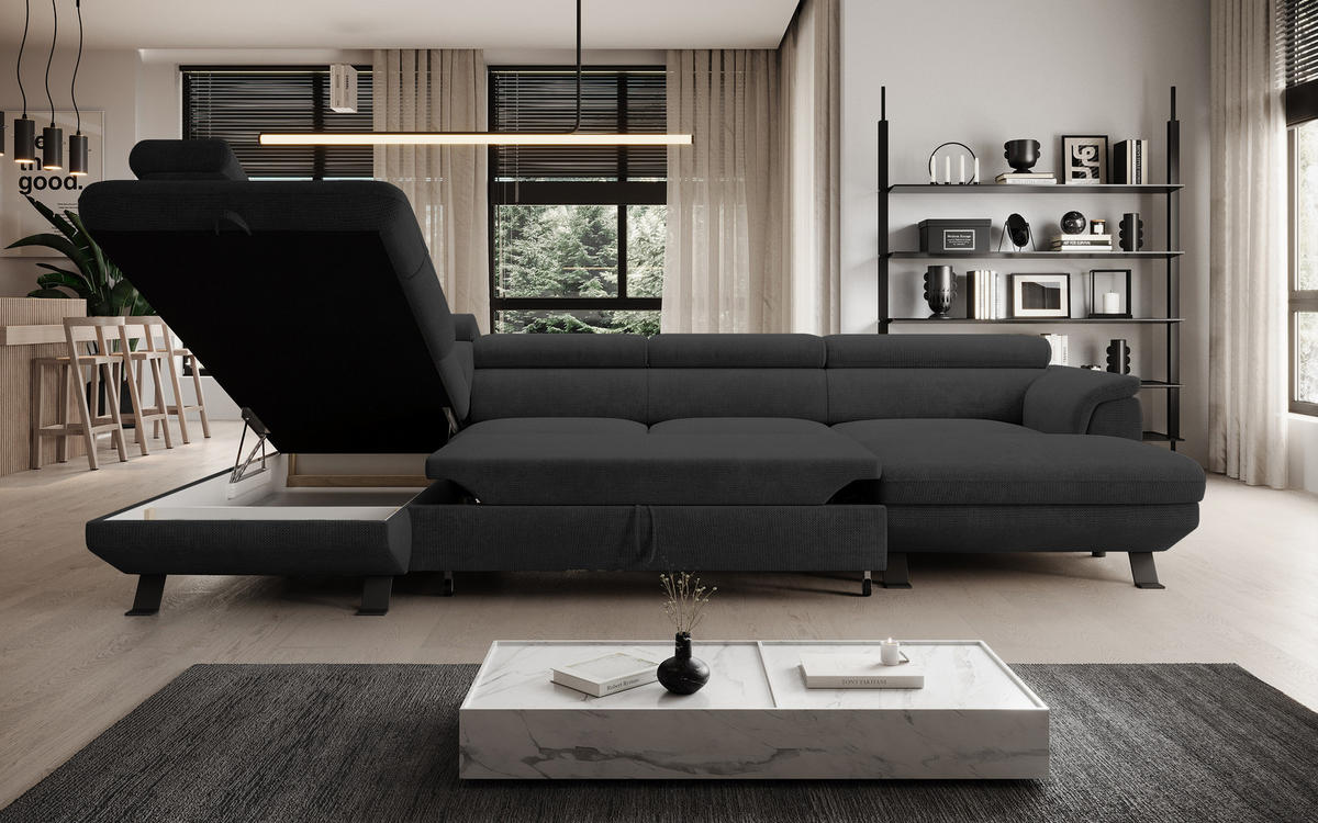 ECKSCHLAFSOFA Raven XL, Verstellbaren Kopfstützen, Bettkasten, Großes Sofa 334x198x162cm Linke, Anthrazit - Anthrazit, Holz/Textil (198/334cm) - DomoHome
