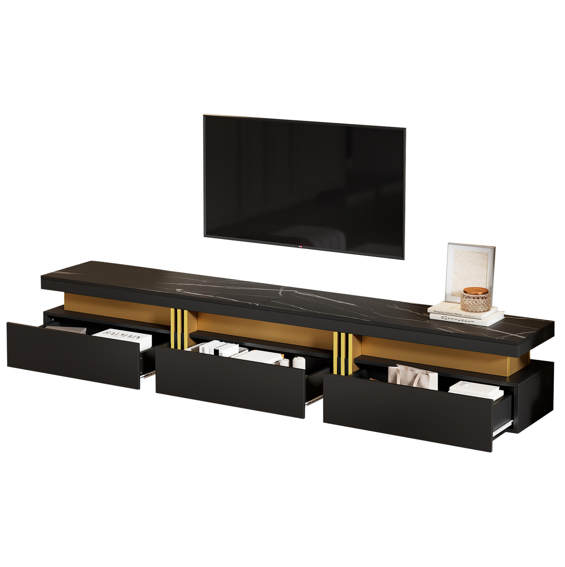 Modfu TV stolek z dřevotřísky 200x40x42 cm černý se 3 zásuvkami, vedením kabelů a deskou v dekoru mramoru
