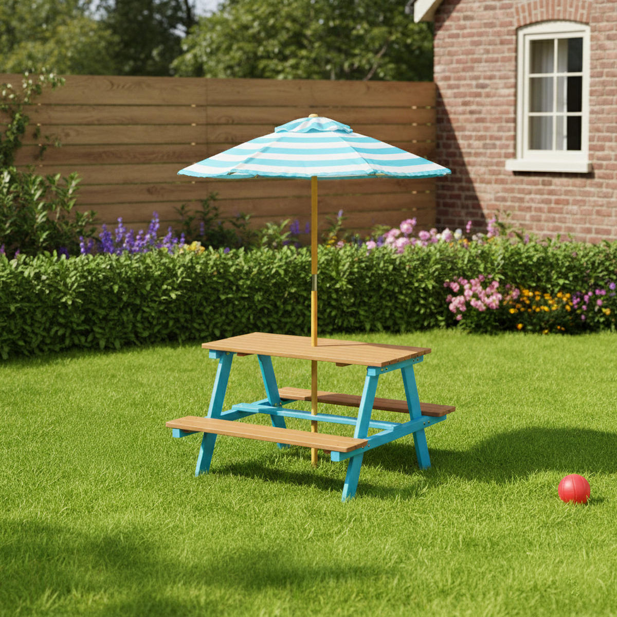 HOLZ-PICKNICKTISCH Kinder mit Sonnenschirm, Blau, 143cm - Blau, Holz - Teamson Kids