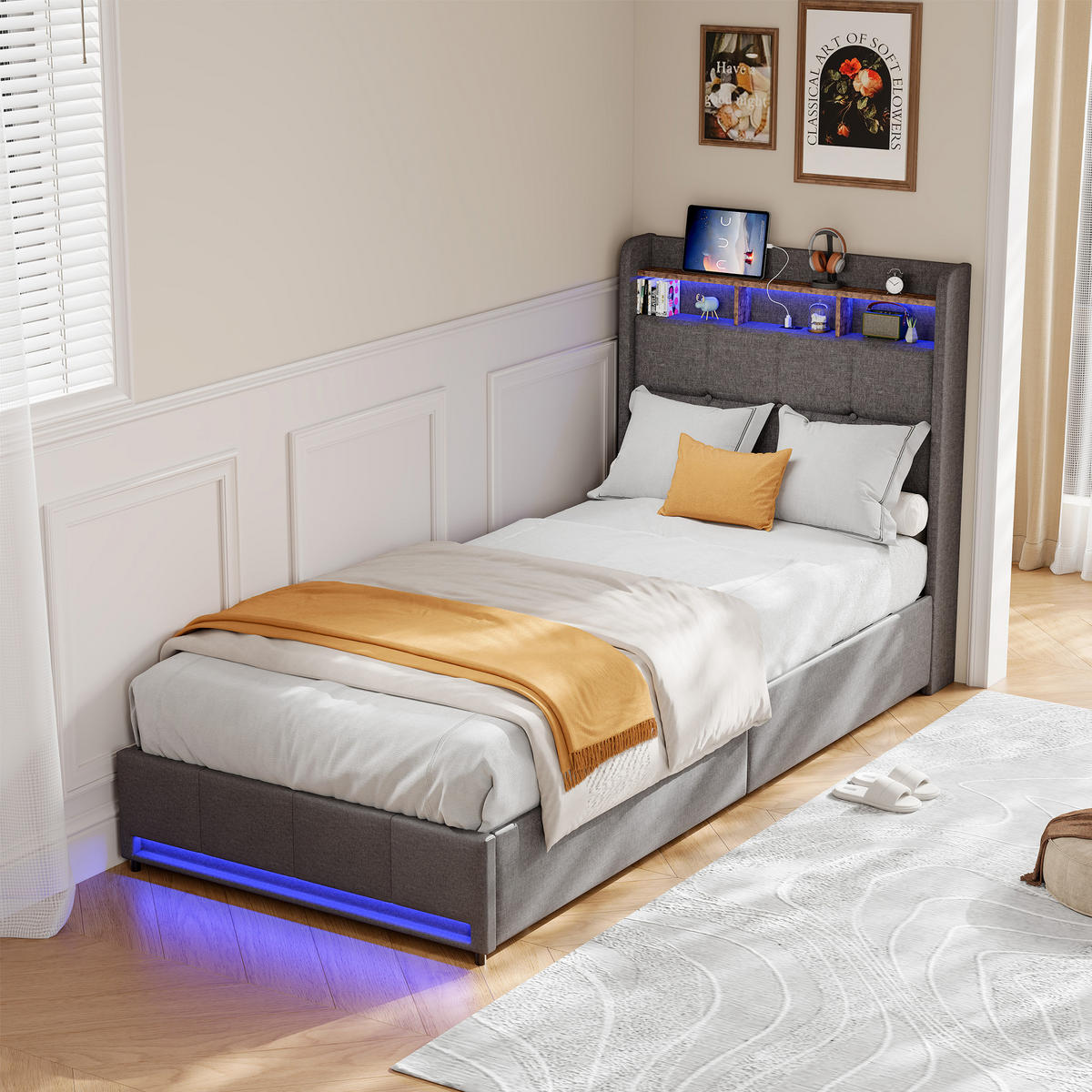 POLSTERBETT 90x200 cm LED USB Schubladen Leinen grau - Grau, Holz (90/200cm) - LEBENLANG