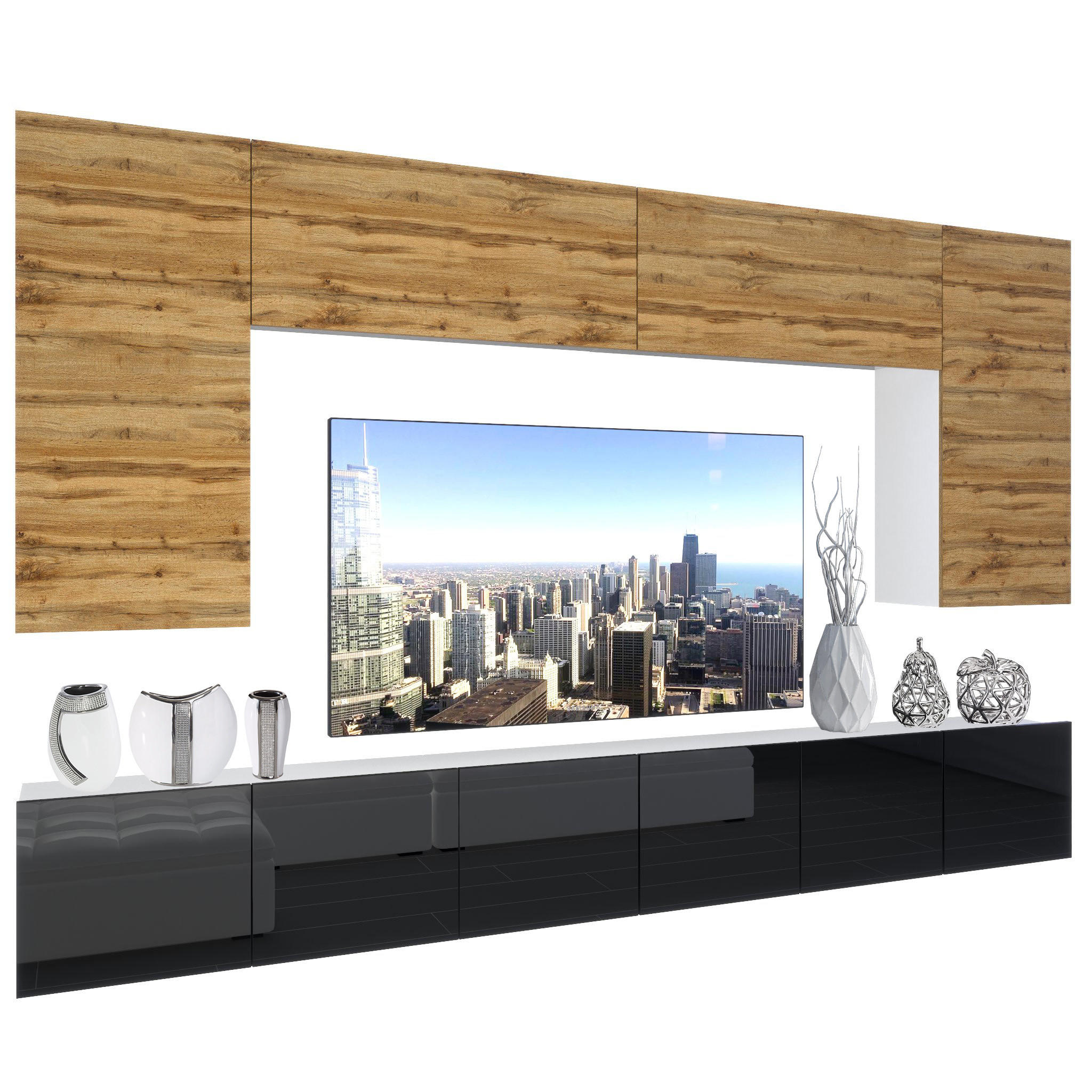 WOHNZIMMERWAND Schrankwand mit LED Wotan Eiche Top / Schwarz - Eiche Wotan/Schwarz, Holz (300/180/36cm) - B BELINI GROUP