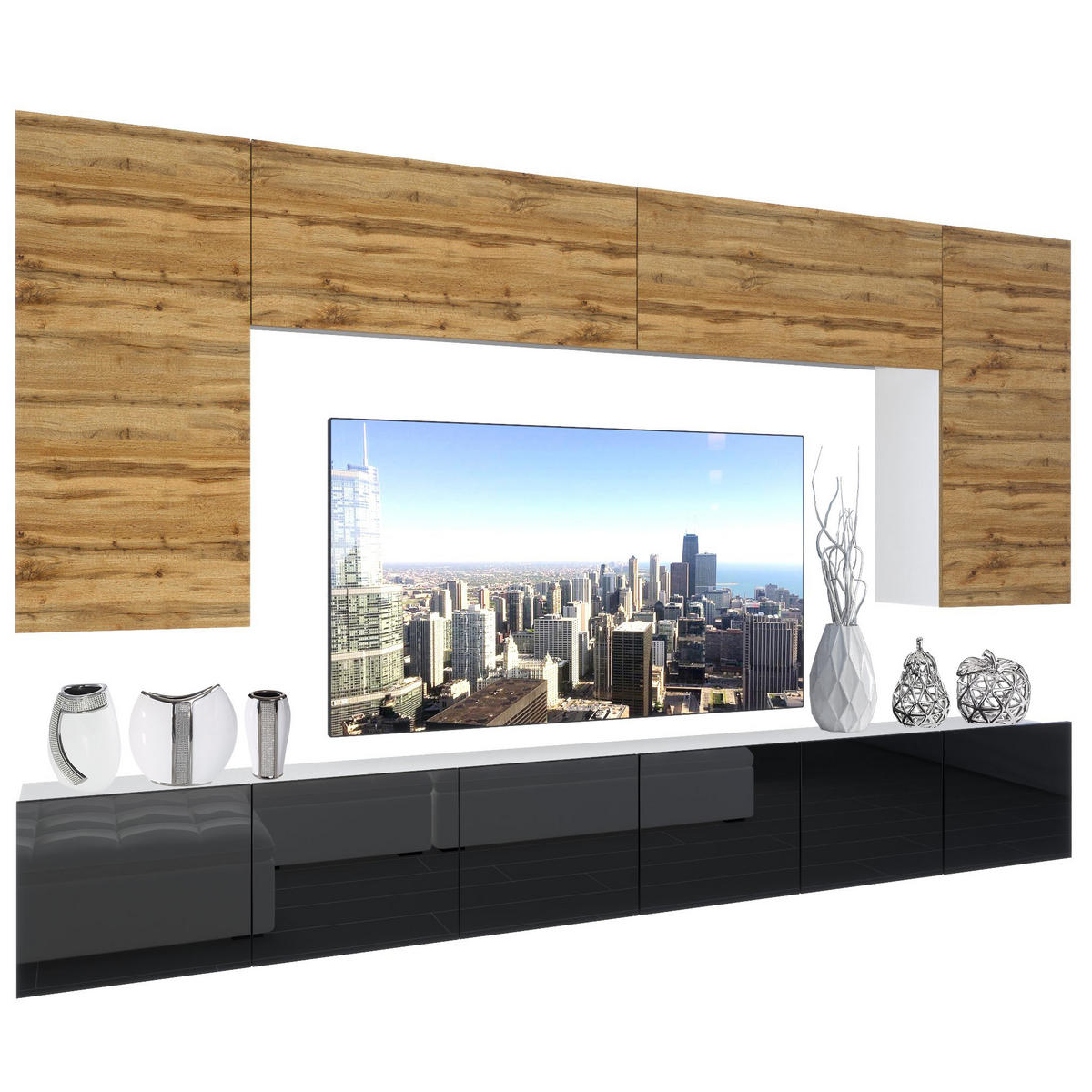 WOHNZIMMERWAND Schrankwand mit LED Wotan Eiche Top / Schwarz - Eiche Wotan/Schwarz, Holz (300/180/36cm) - B BELINI GROUP