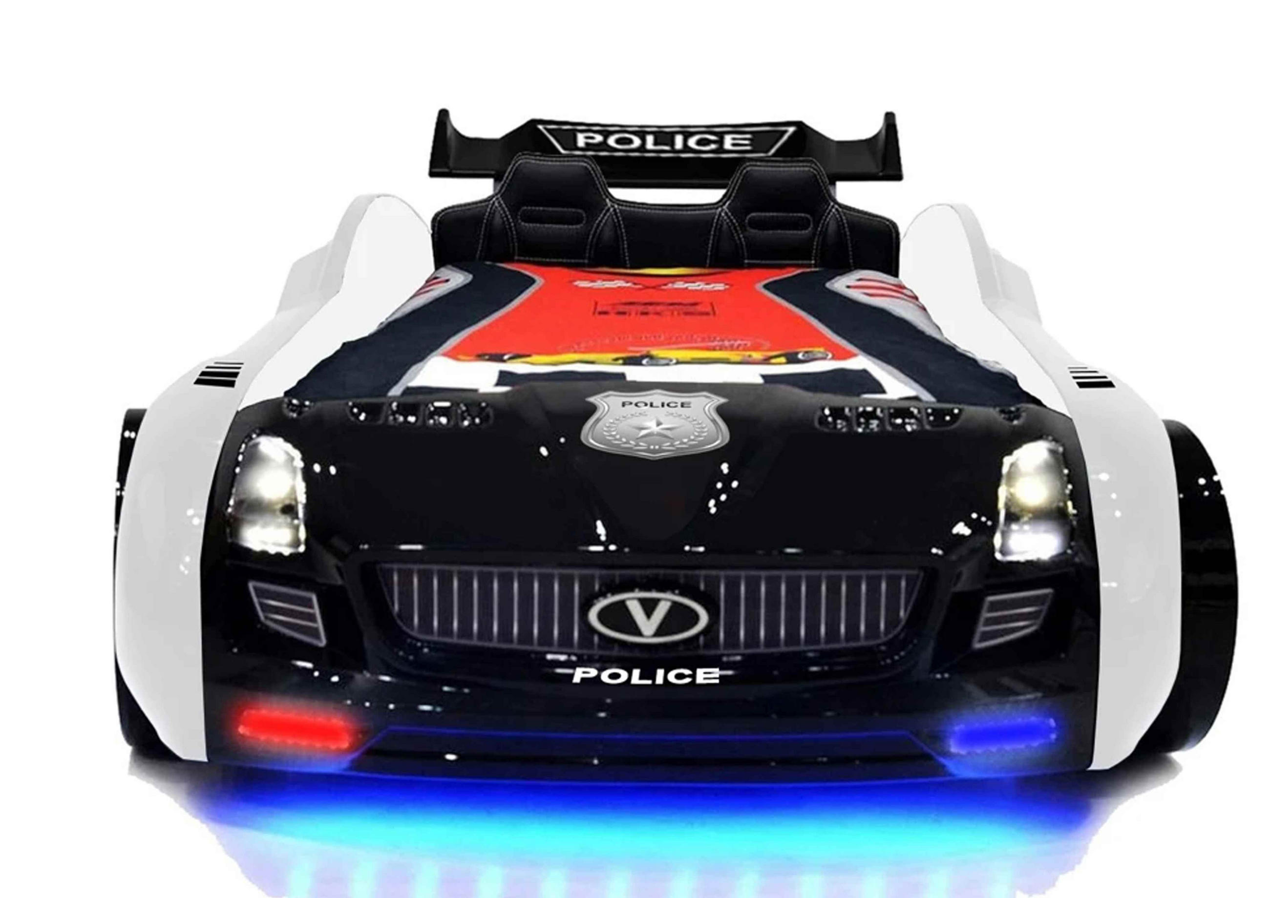 AUTOBETT Roadster Police Kinderbett LED Sound Sportsitze Lattenrost Spoiler - Schwarz/Weiß, Holzwerkstoff/Kunststoff (90/190cm) - Aileenstore