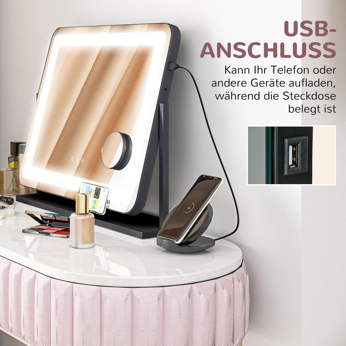 SCHMINKSPIEGEL mit Beleuchtung, mit 3 Lichtfarben, 360° Drehbar, Schwarz - Schwarz, Metall (62.5/52/14cm) - HOMCOM