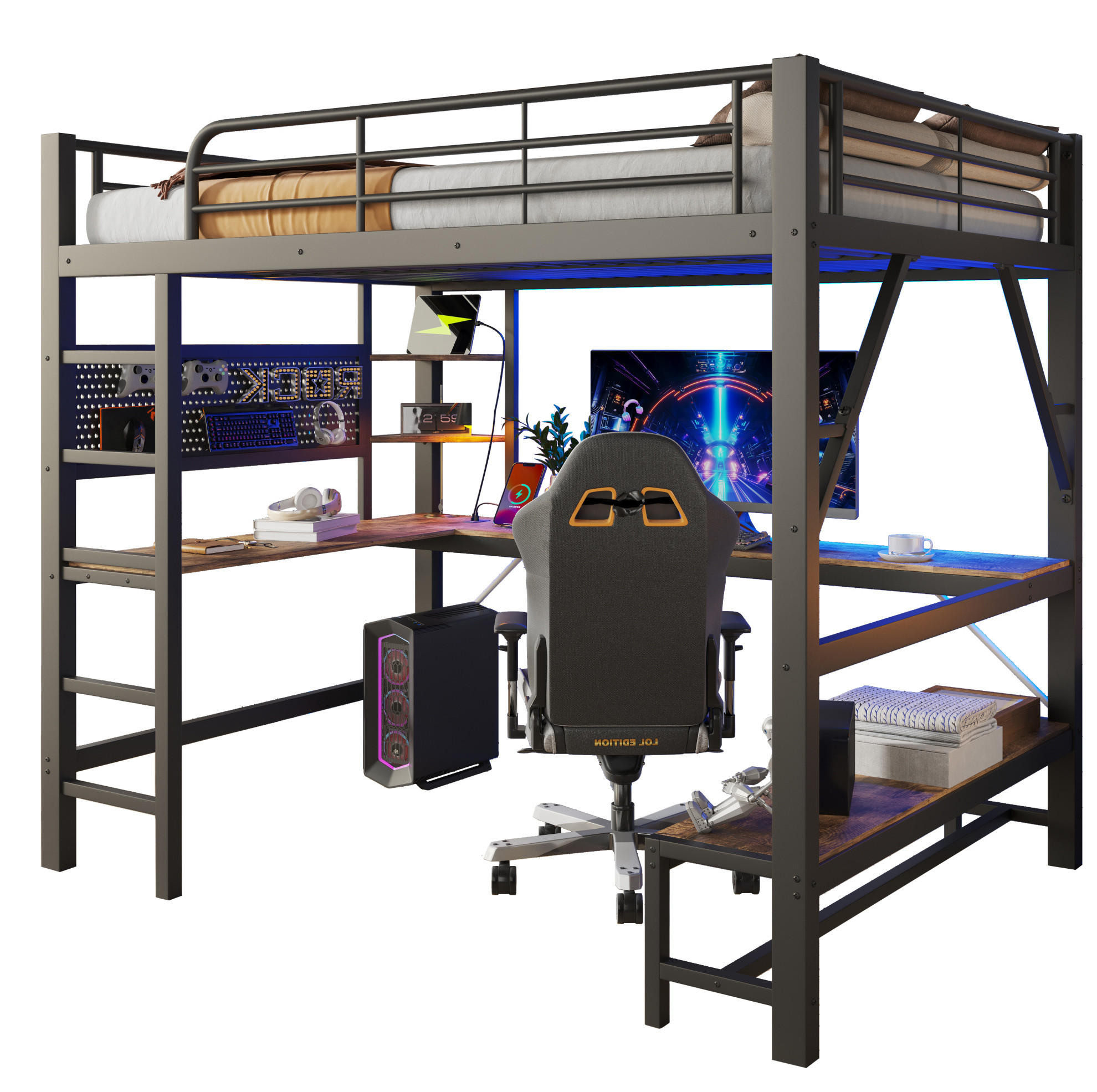 HOCHBETT aus Metall und MDF 160x200 cm Schwarz mit Schreibtisch, LED-Leiste und USB-Type-C-Anschluss - Schwarz, Metall (160/200cm) - Modfu