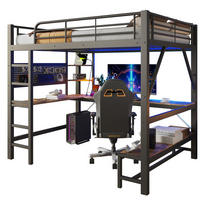 HOCHBETT aus Metall und MDF 160x200 cm Schwarz mit Schreibtisch, LED-Leiste und USB-Type-C-Anschluss - Schwarz, Metall (160/200cm) - Modfu