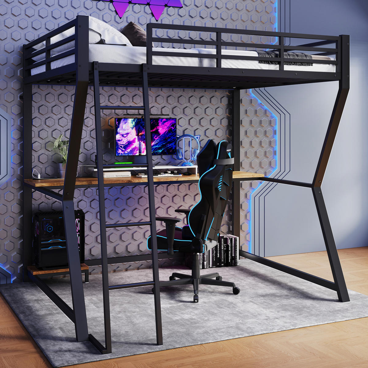 HOCHBETT 140/200 cm aus Metall und MDF mit LED-Beleuchtung, Schreibtisch, Steckdose, USB, Treppe und Geländer, Schwarz - Schwarz, Metall (140/200cm) - Redom