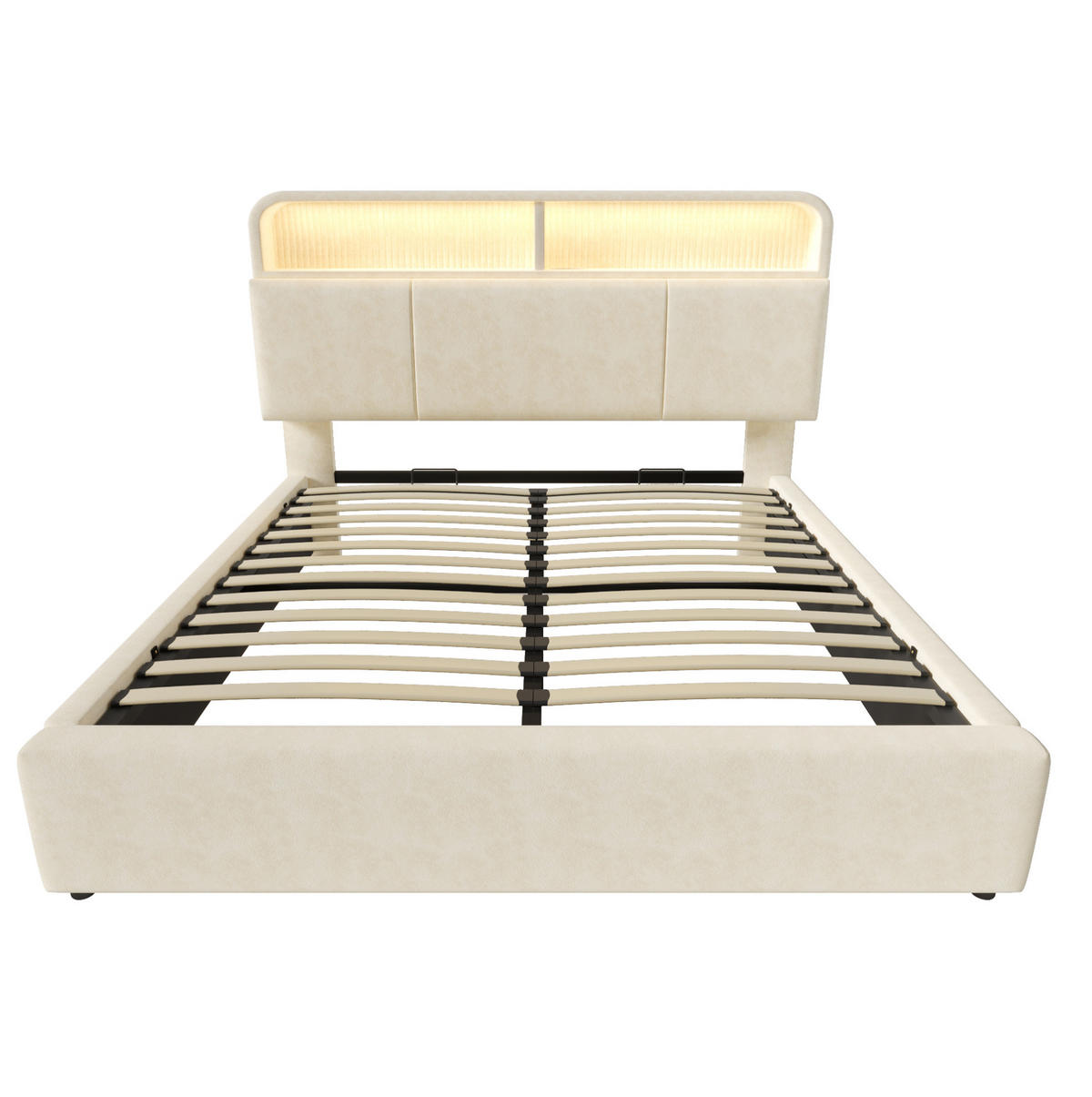POLSTERBETT 140/200 cm Beige mit höhenverstellbarem Kopfteil und LED-Beleuchtung mit Matratze - Beige, Textil (140/200cm) - OKWISH