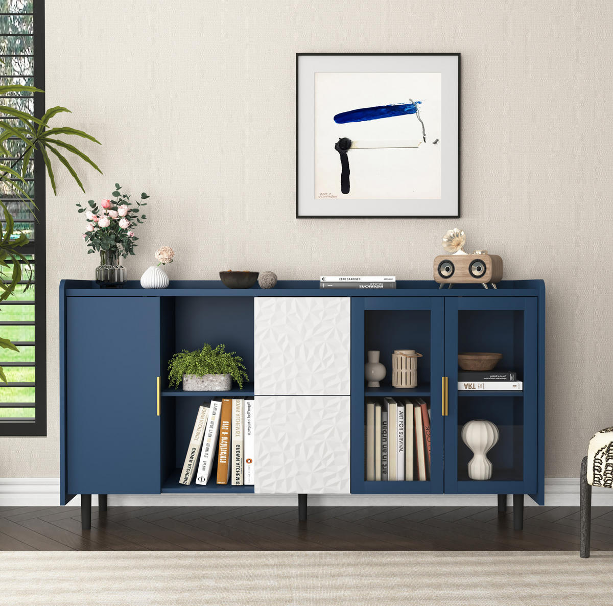 SIDEBOARD 150/40/80 cm blau aus MDF mit Glastüren, Schubladen und offenen Fächern - Blau, Holzwerkstoff (150/80/40cm) - OKWISH