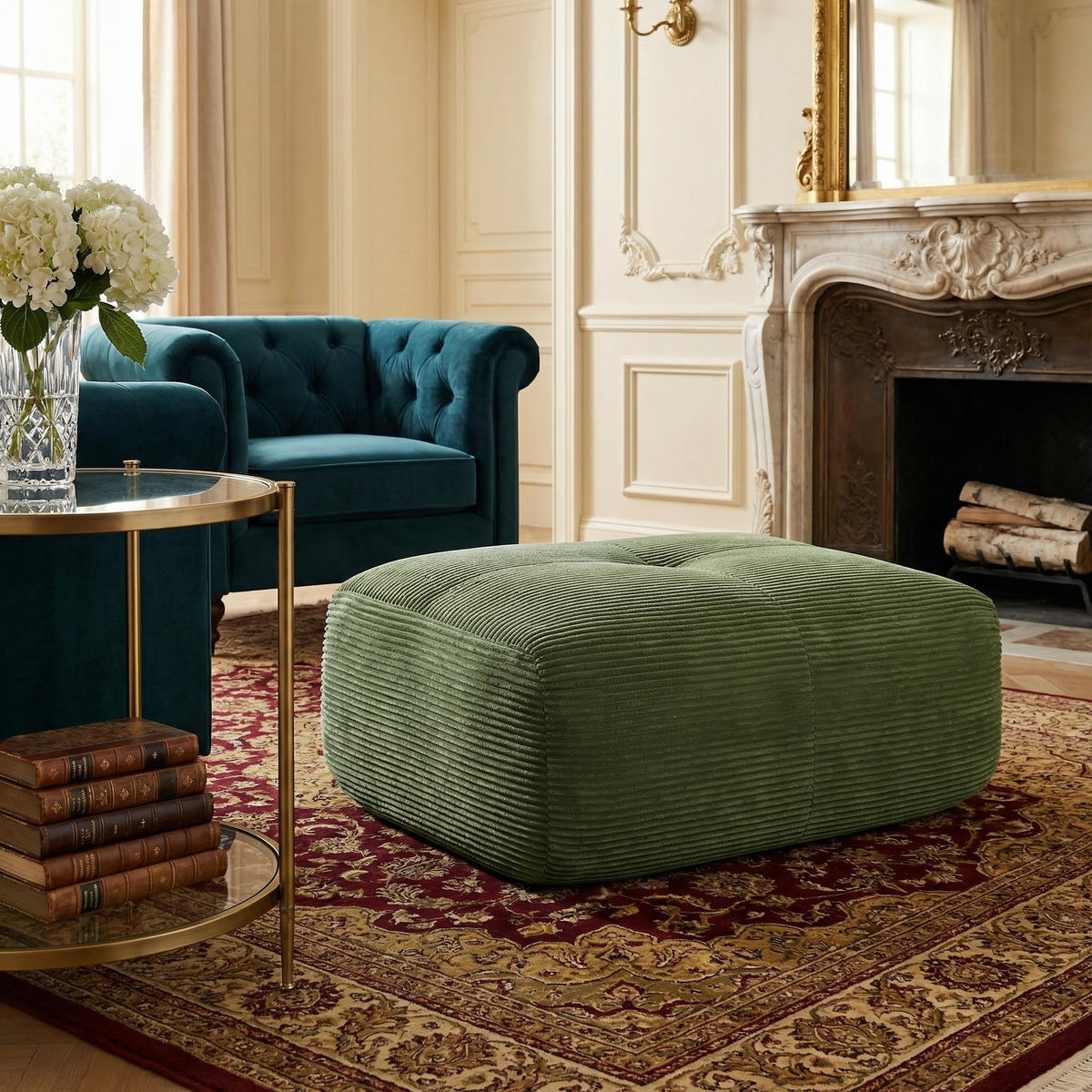 HOCKER OTTOMAN in Premium-Cord Montagefrei & Rutschfest - Grün, Textil (92.5/44/75cm) - Urban Meuble