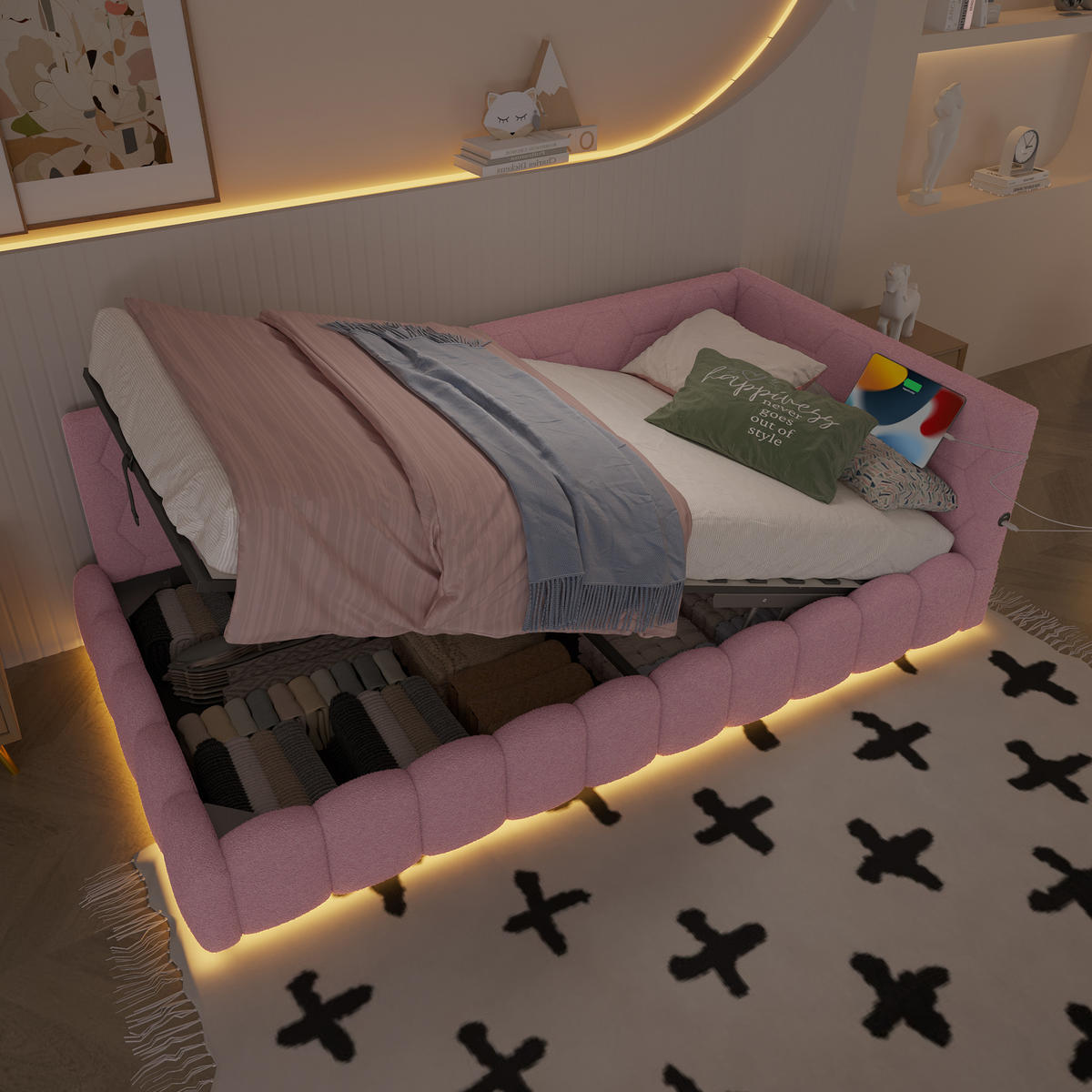 TAGEBETT 90x200cm Rosa Vliesimitat LED-Licht Hydraulik USB-C - Pink, Holz (90/200cm) - FLIEKS